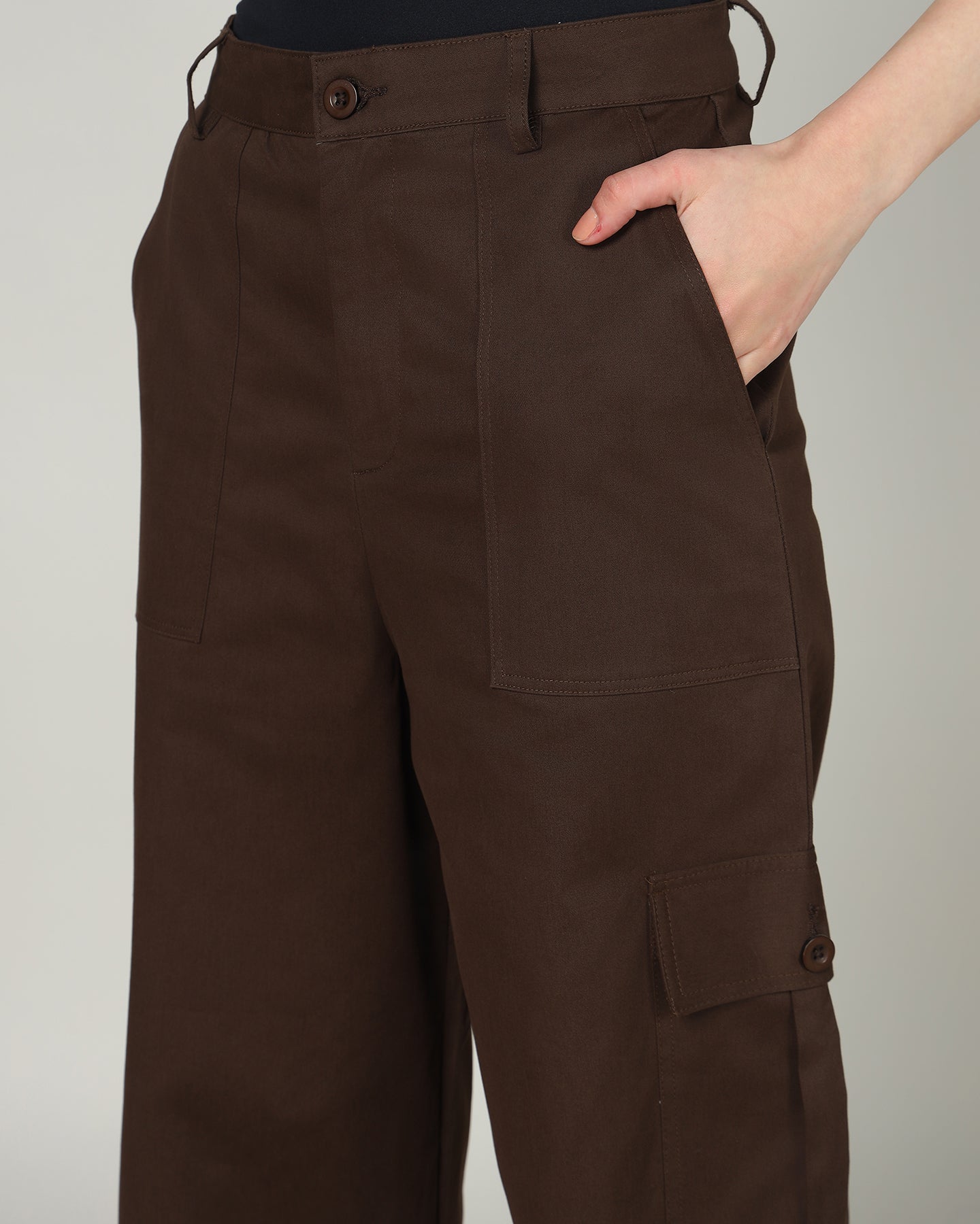 Women’s Dark Brown Wide-Leg Cargo Pants with Flap Pockets -3098
