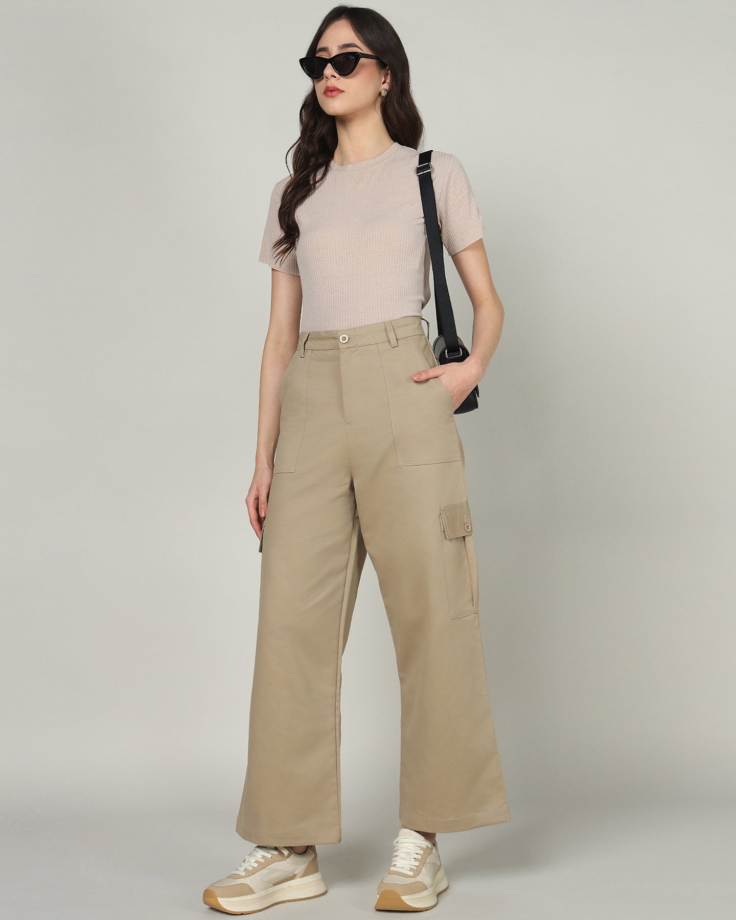 Women’s Khaki Wide-Leg Cargo Pants with Flap Pockets - 3096