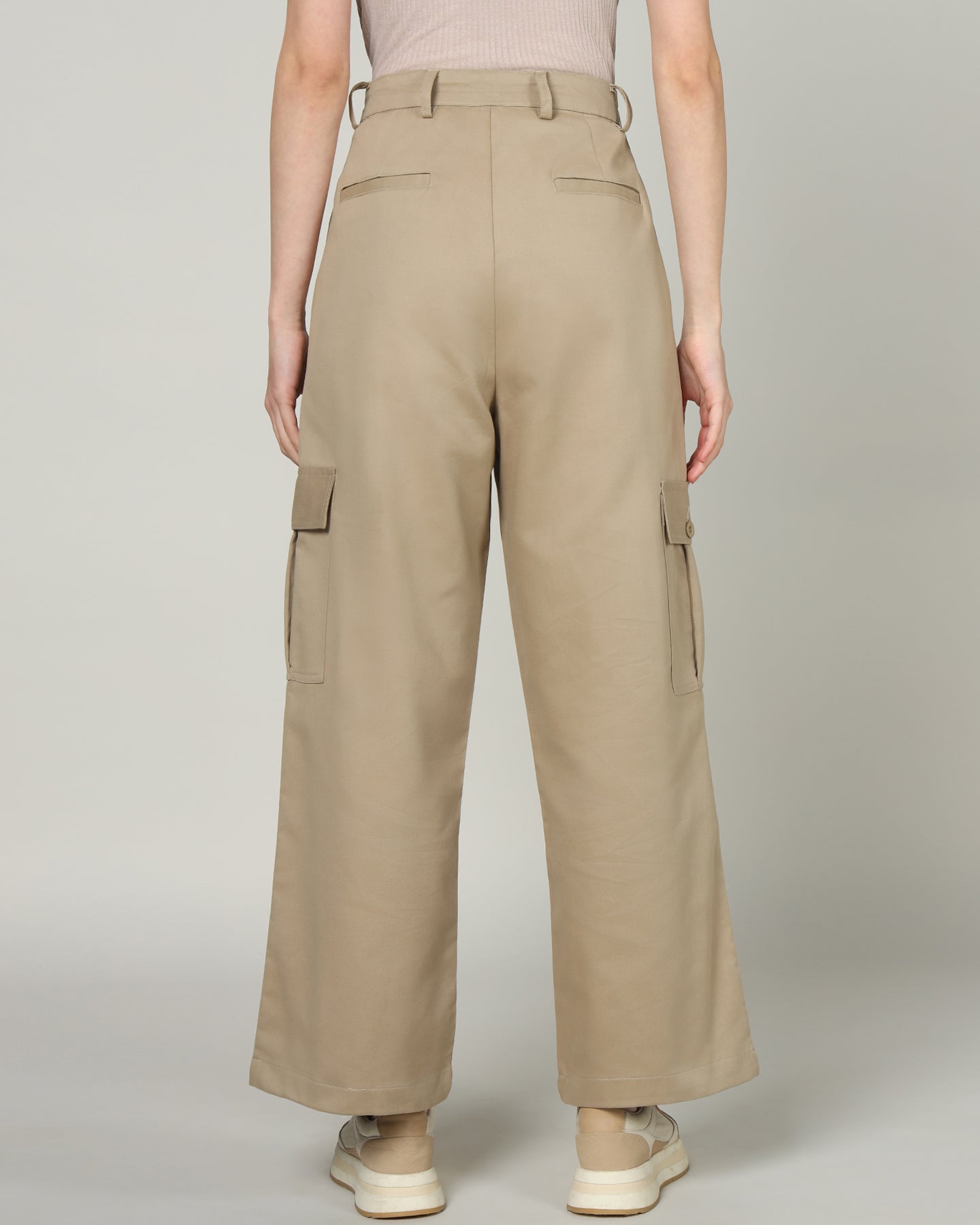 Women’s Khaki Wide-Leg Cargo Pants with Flap Pockets - 3096