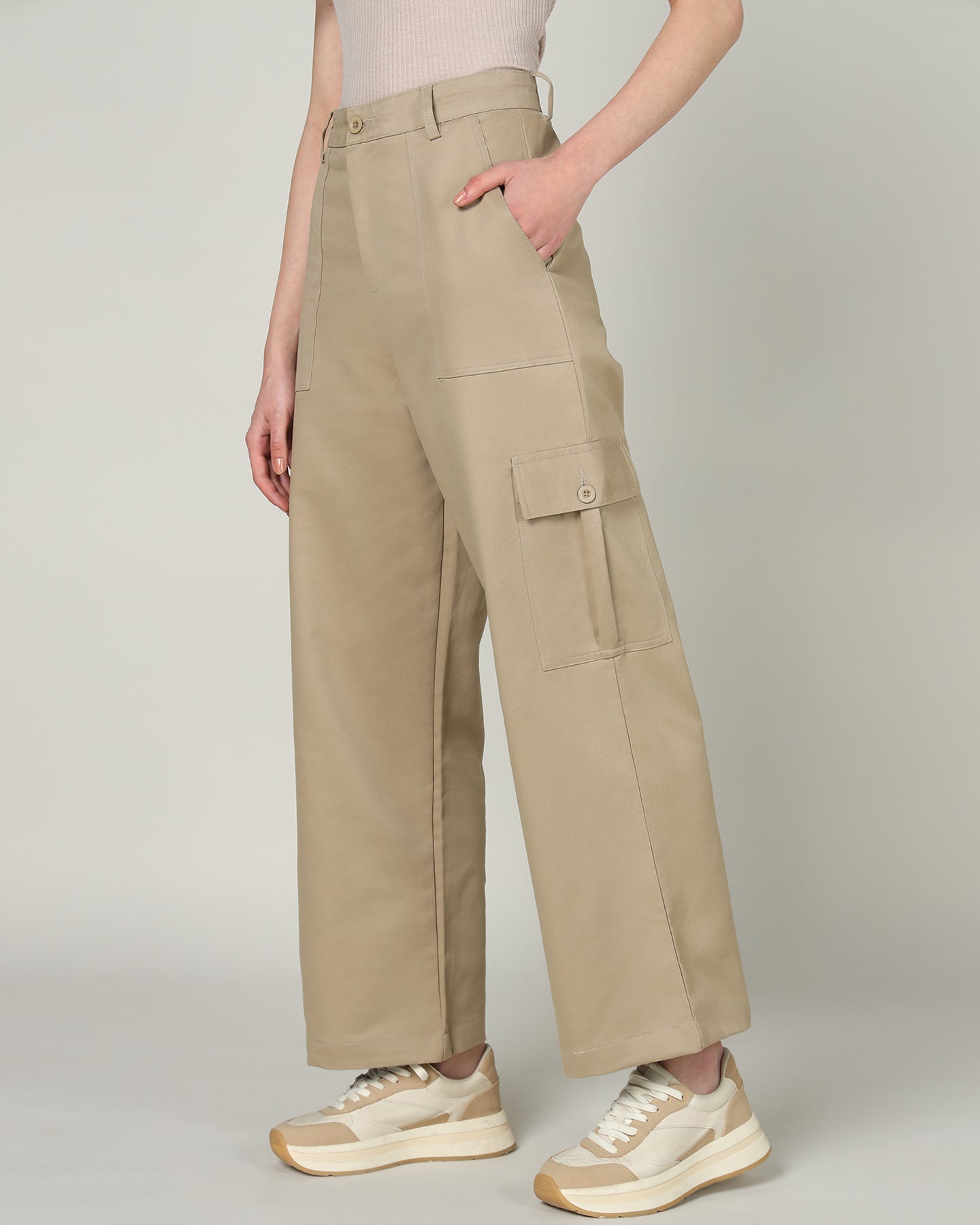 Women’s Khaki Wide-Leg Cargo Pants with Flap Pockets - 3096