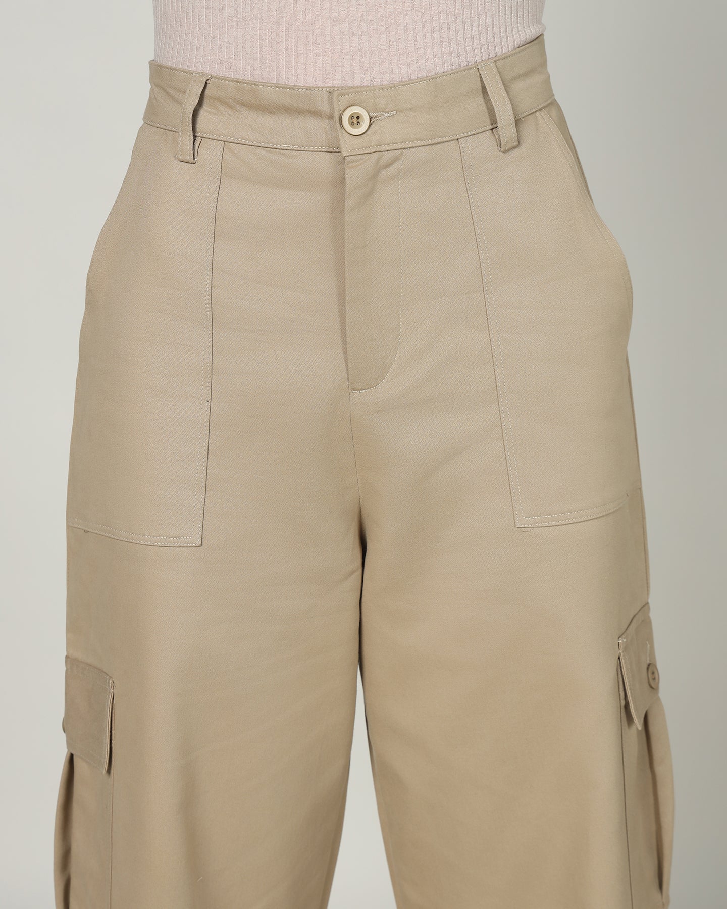 Women’s Khaki Wide-Leg Cargo Pants with Flap Pockets - 3096