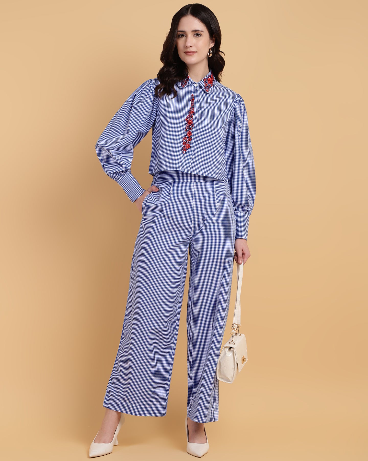 Women’s Gingham Embroidered Co-ord Set – Two-Piece Outfit-2908