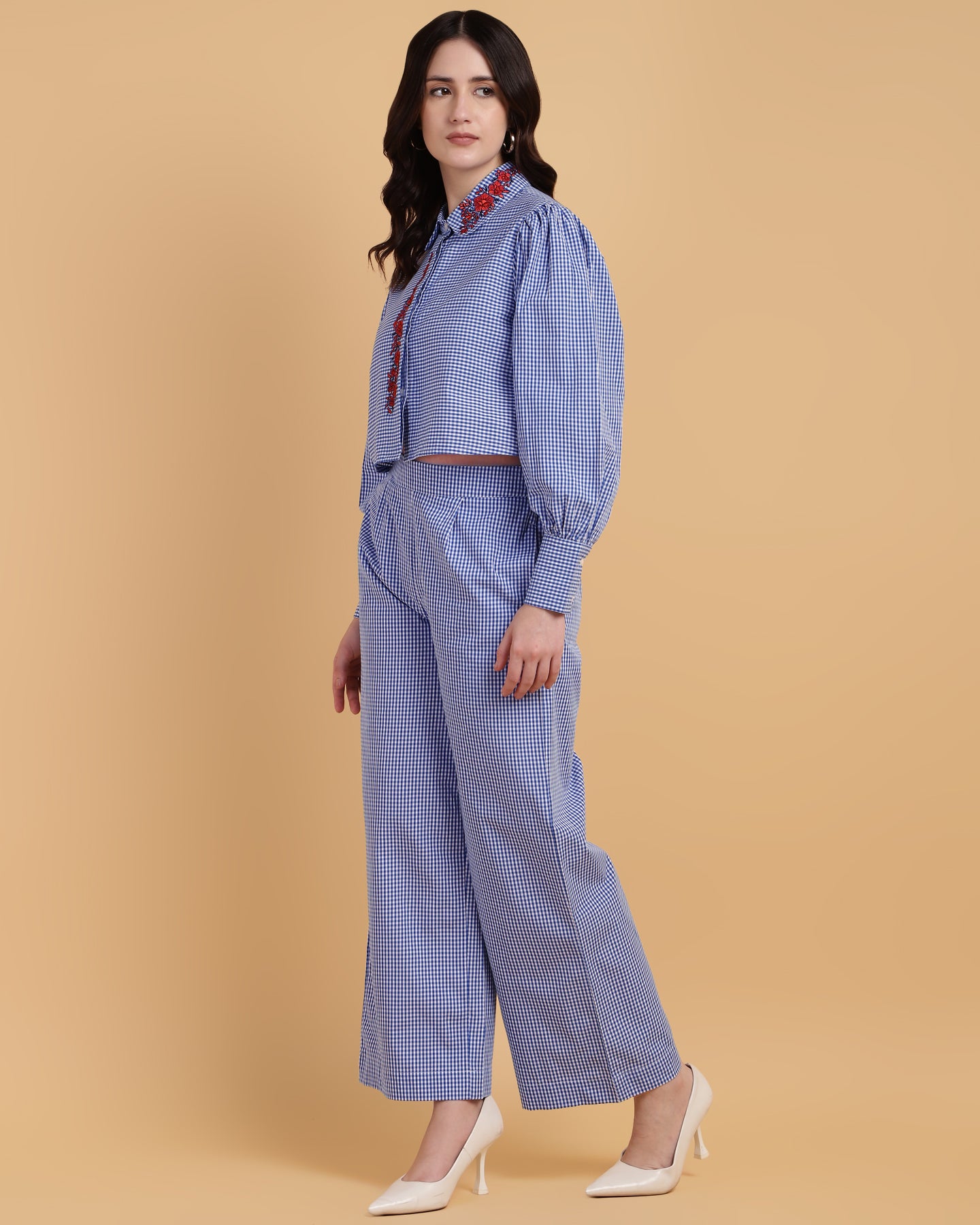 Women’s Gingham Embroidered Co-ord Set – Two-Piece Outfit-2908