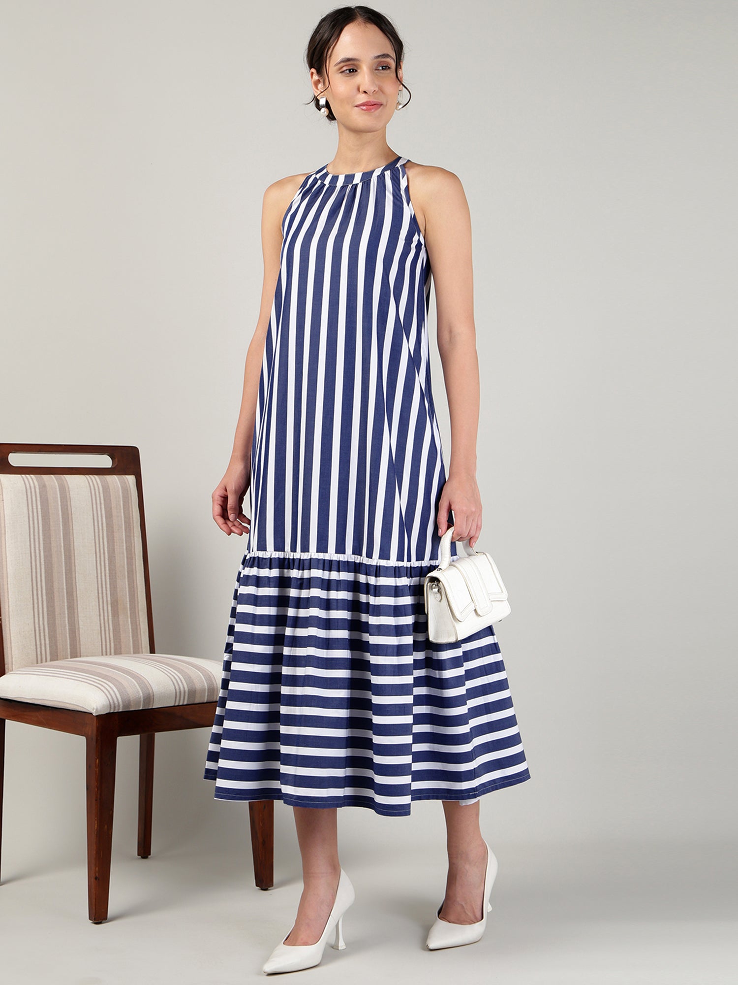 Women’s Blue Off-White Striped Halter Neck Flounce Hem Dress - 3090
