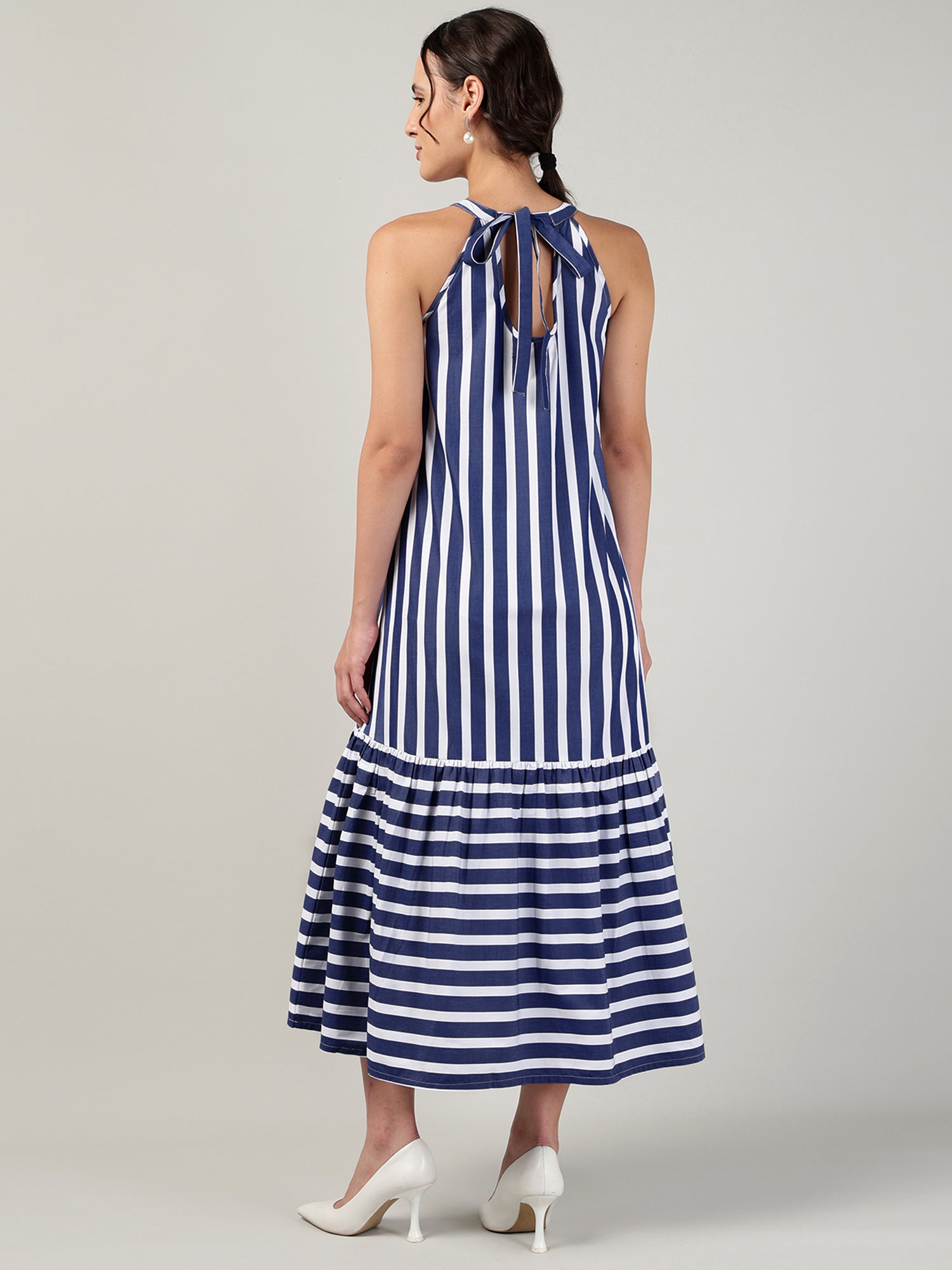 Women’s Blue Off-White Striped Halter Neck Flounce Hem Dress - 3090