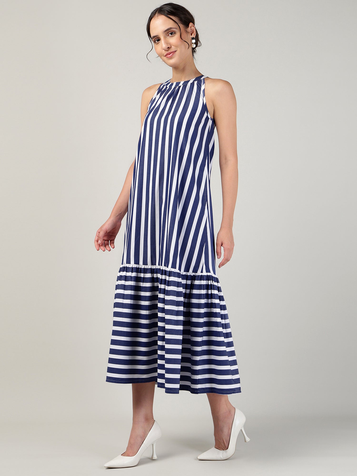 Women’s Blue Off-White Striped Halter Neck Flounce Hem Dress - 3090