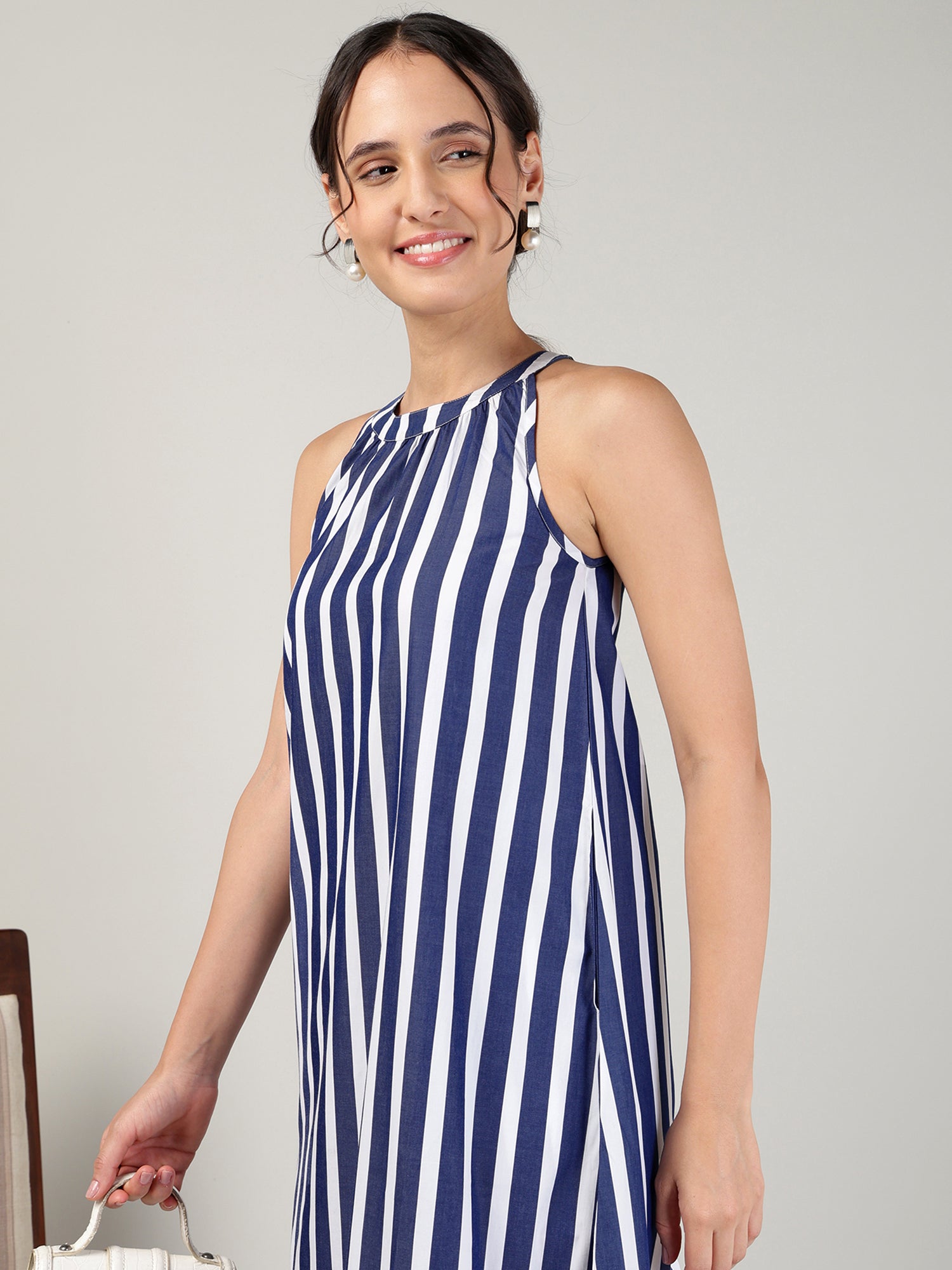 Women’s Blue Off-White Striped Halter Neck Flounce Hem Dress - 3090