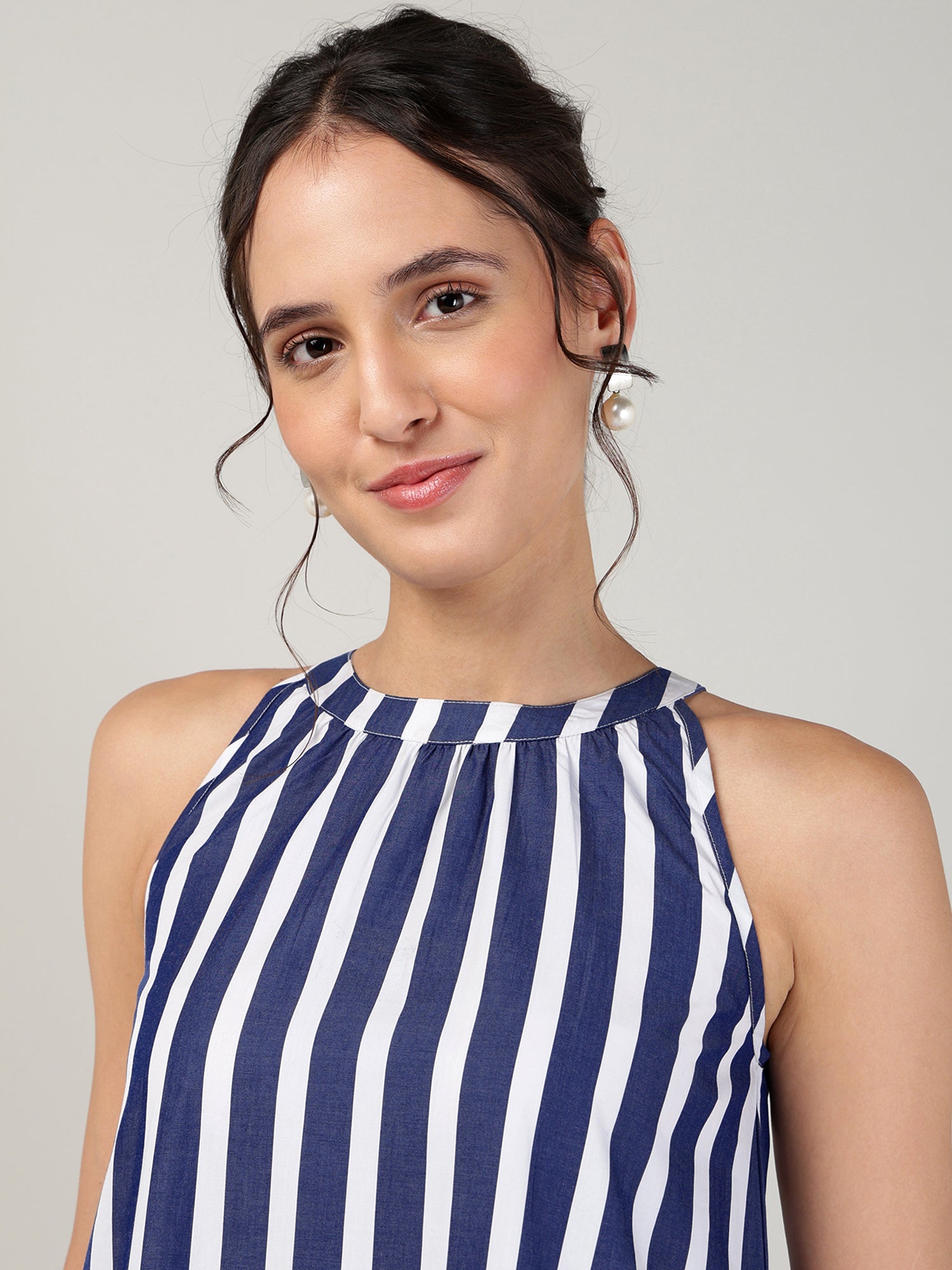 Women’s Blue Off-White Striped Halter Neck Flounce Hem Dress - 3090