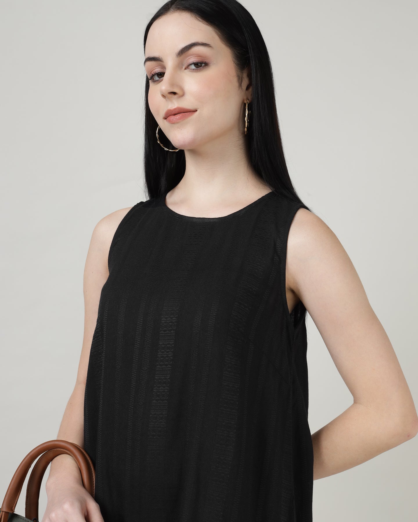 Women’s Black Sleeveless Maxi Dress with Gathered Hem in Textured Fabric - 2983
