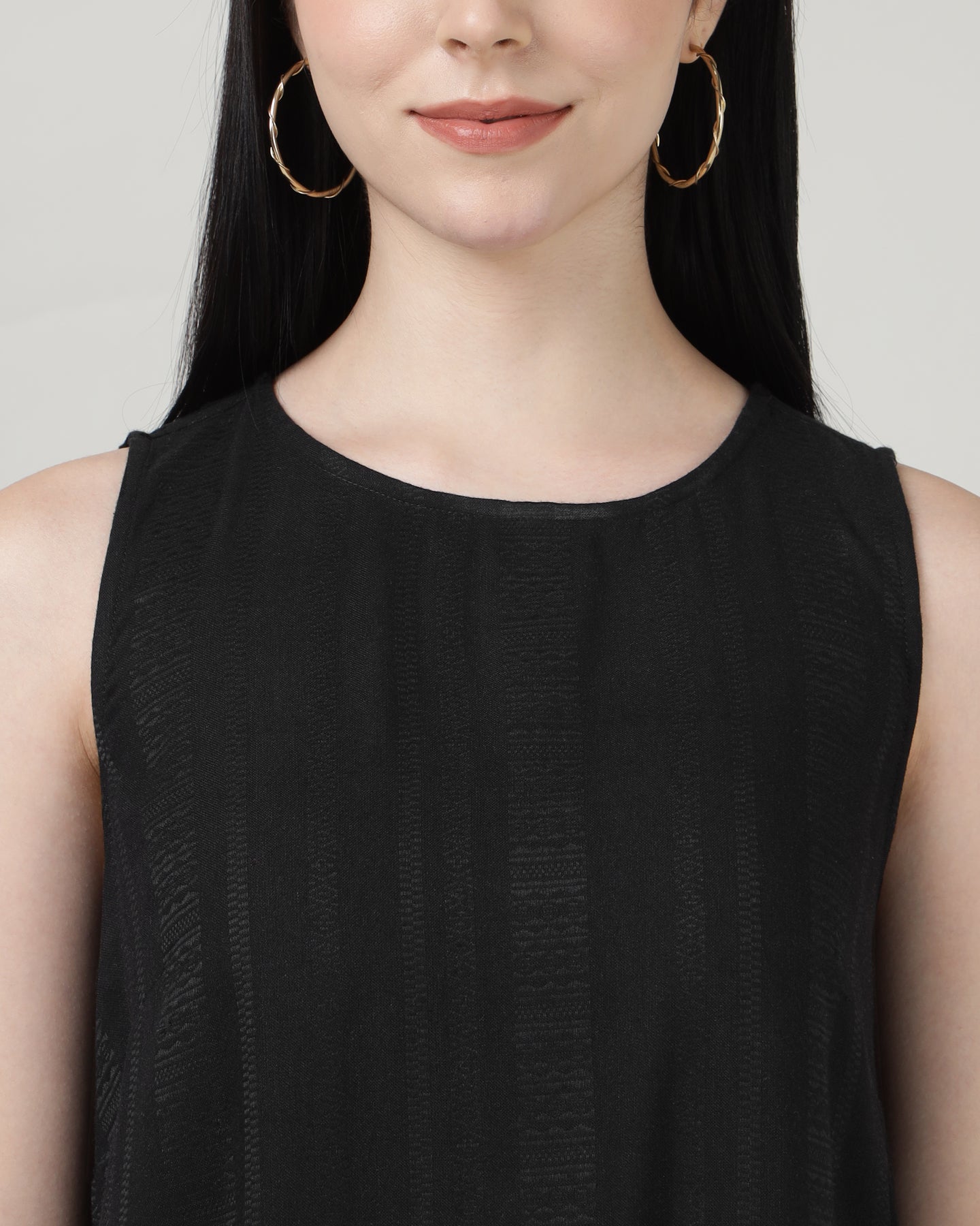 Women’s Black Sleeveless Maxi Dress with Gathered Hem in Textured Fabric - 2983