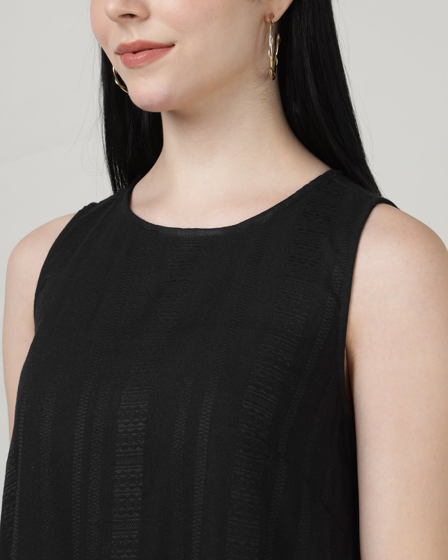Women’s Black Sleeveless Maxi Dress with Gathered Hem in Textured Fabric - 2983