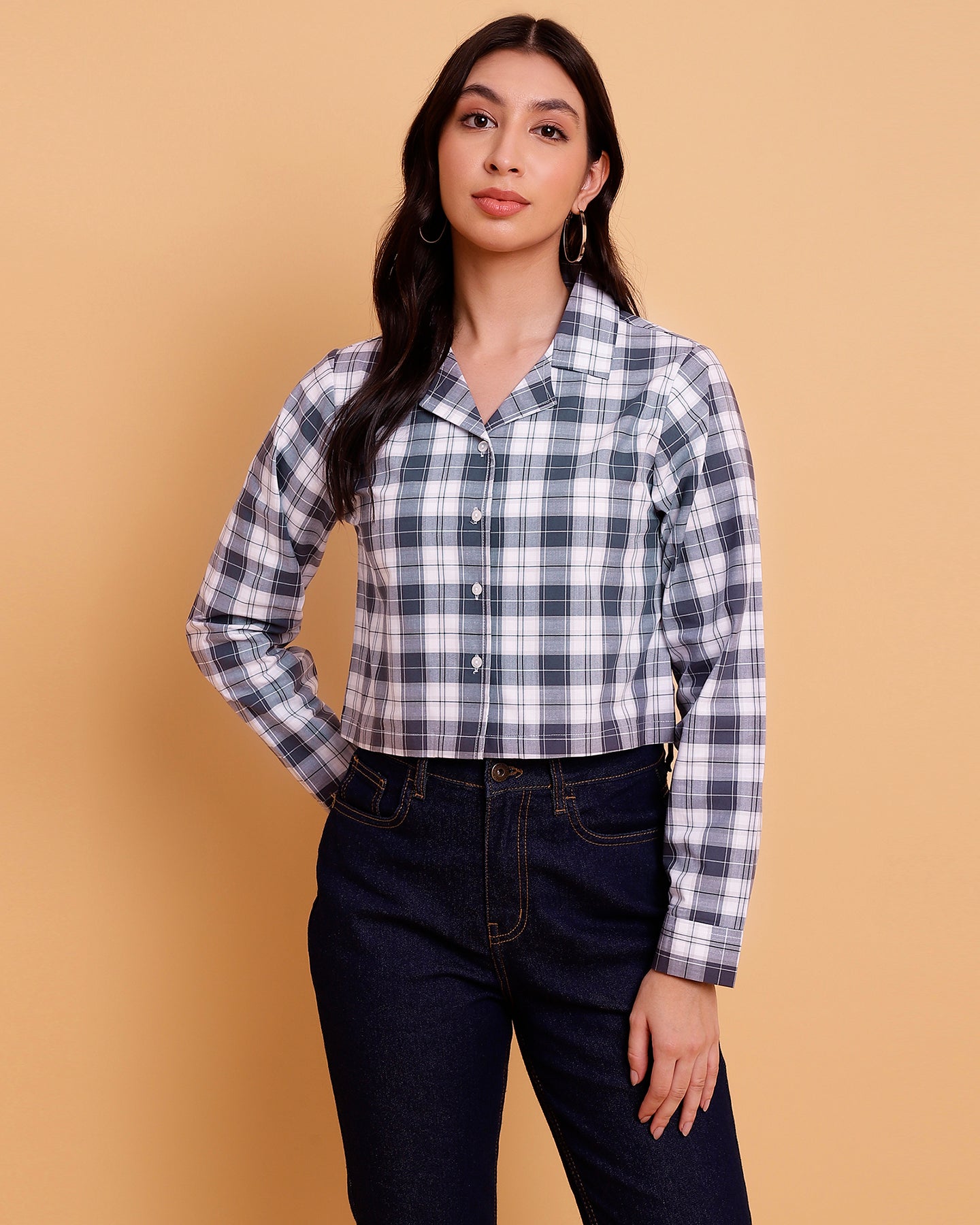 Women’s White and Grey Checked Crop Shirt- 2905