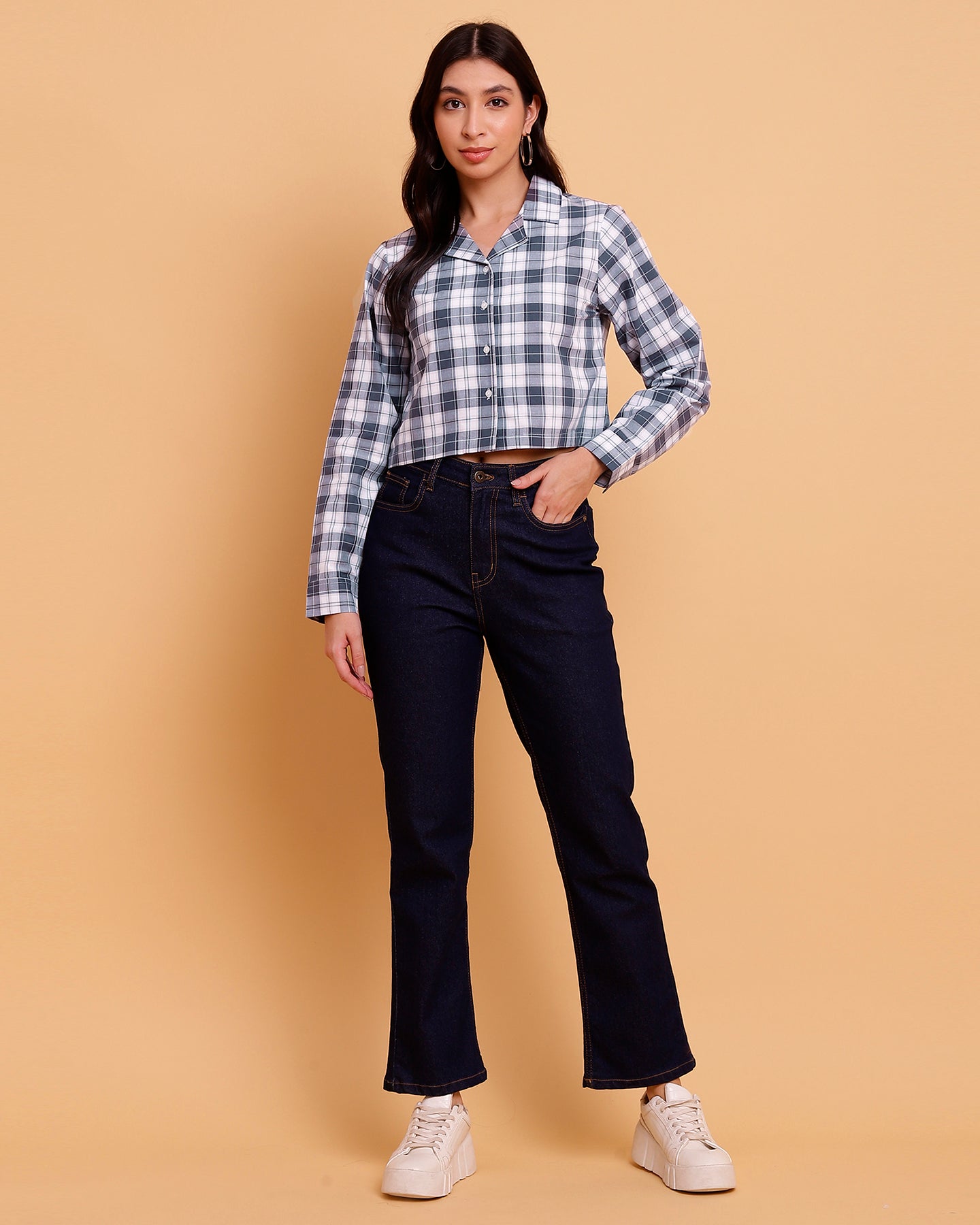 Women’s White and Grey Checked Crop Shirt- 2905