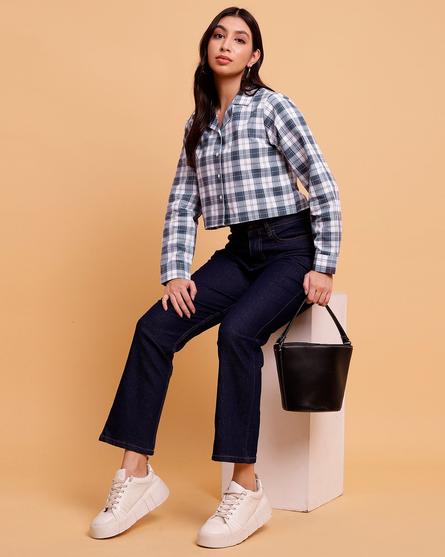 Women’s White and Grey Checked Crop Shirt- 2905