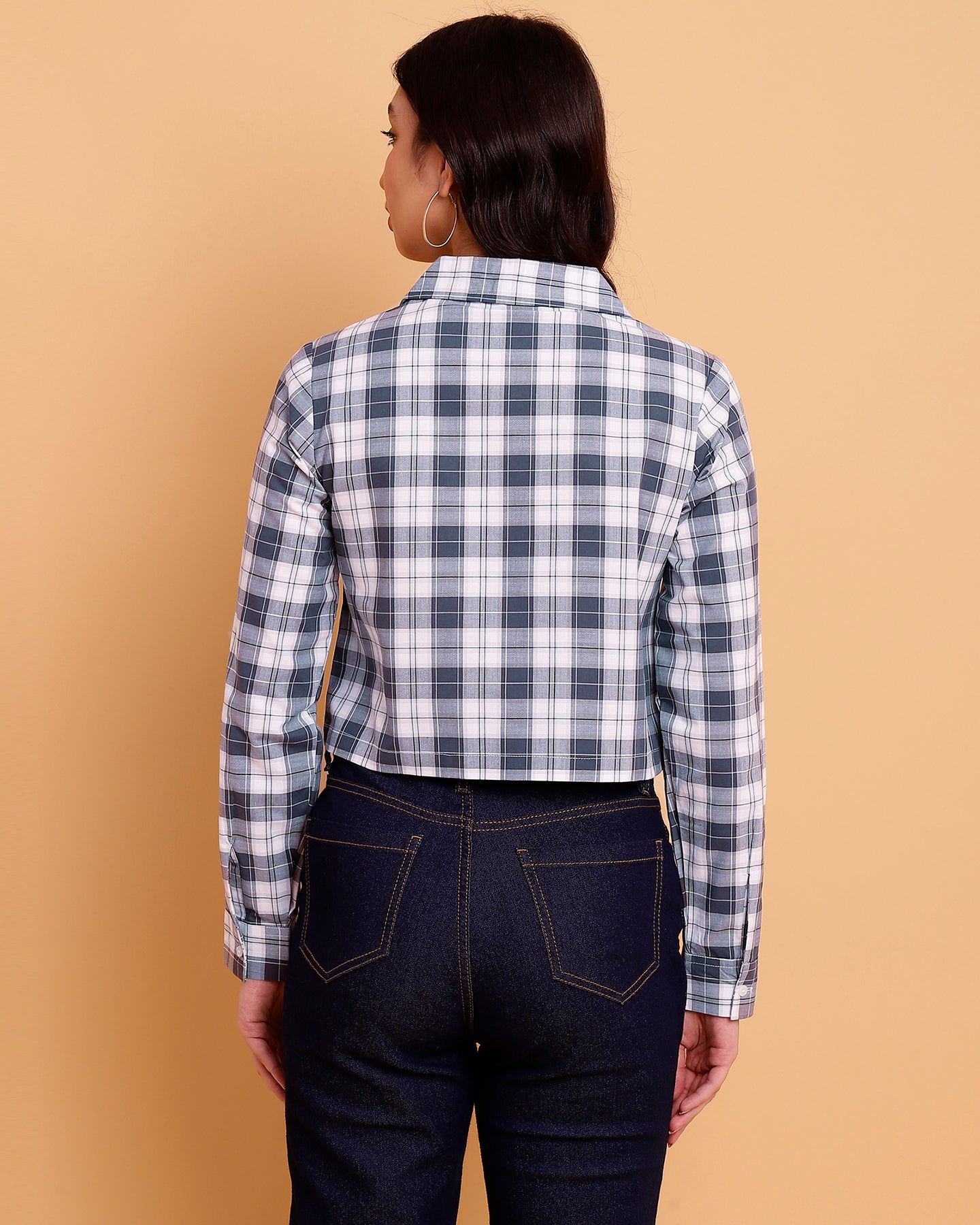 Women’s White and Grey Checked Crop Shirt- 2905