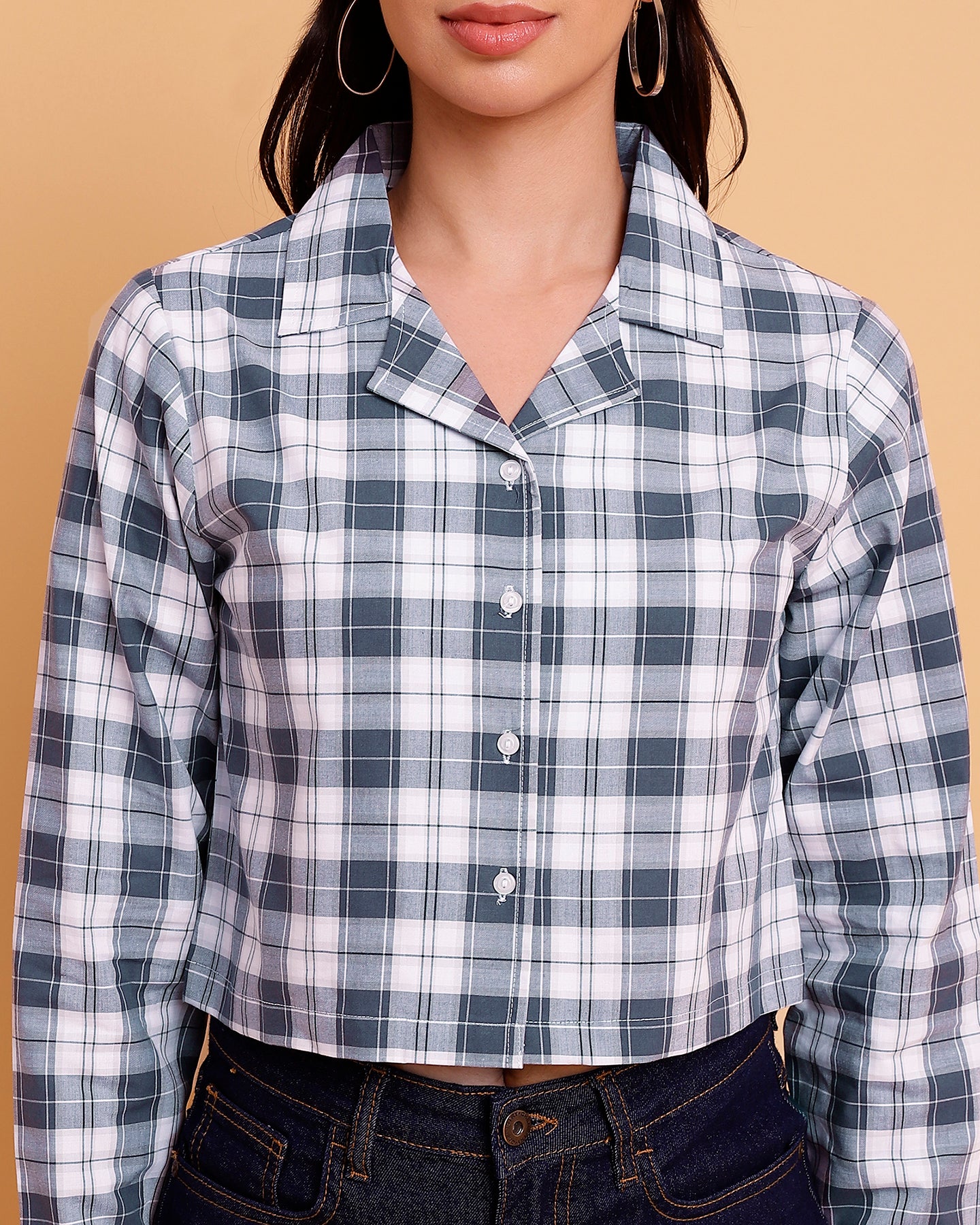 Women’s White and Grey Checked Crop Shirt- 2905