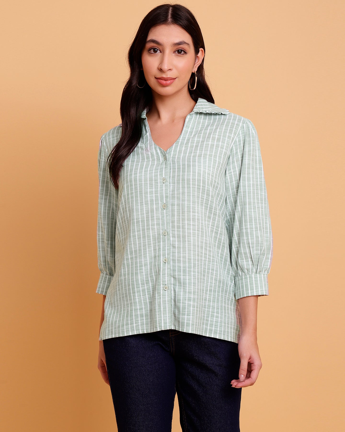 Women’s Relaxed Fit Green Stripe Shirt with Ruffle Collar- 2906