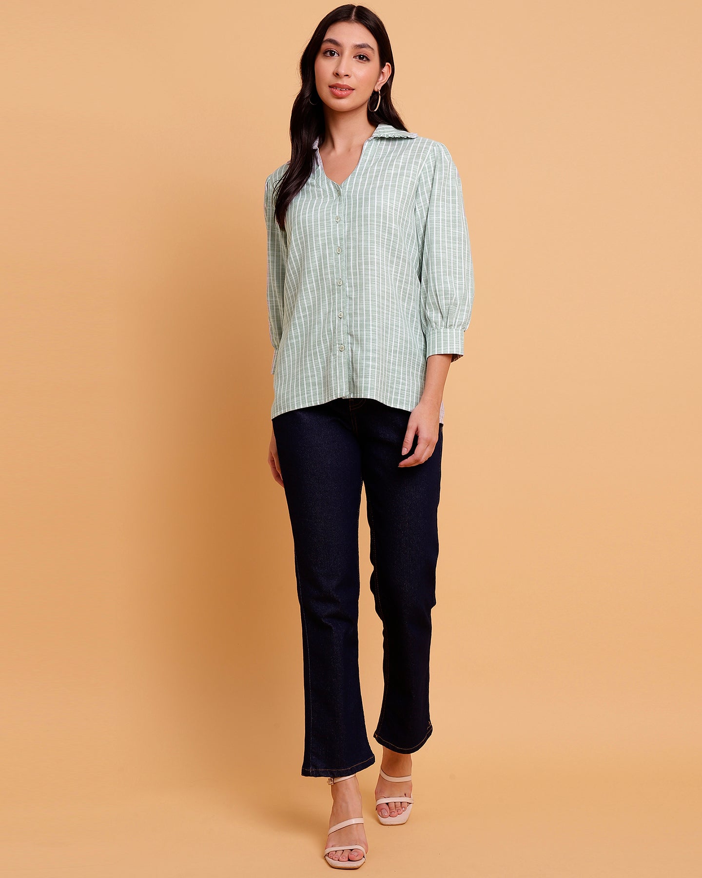 Women’s Relaxed Fit Green Stripe Shirt with Ruffle Collar- 2906
