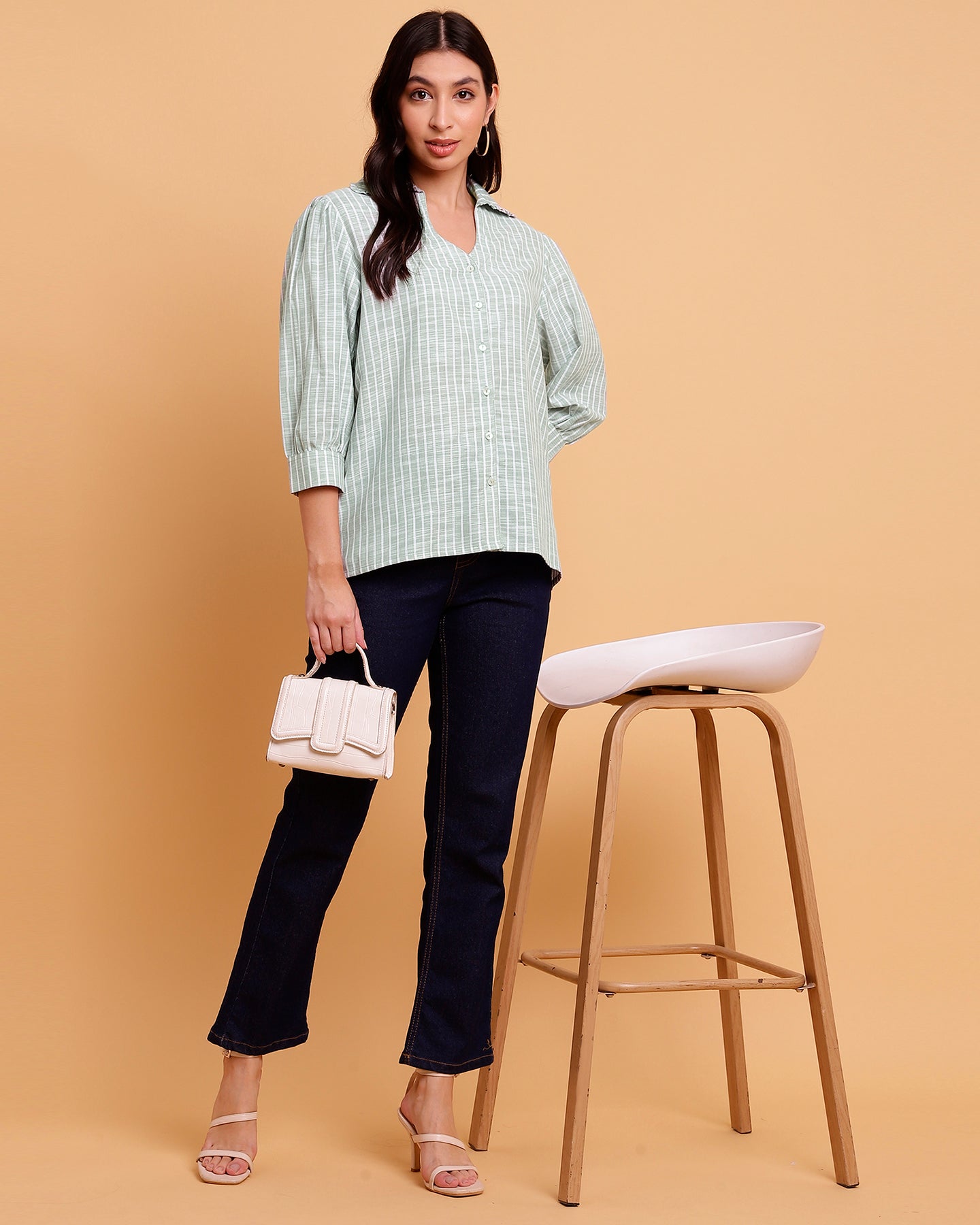 Women’s Relaxed Fit Green Stripe Shirt with Ruffle Collar- 2906