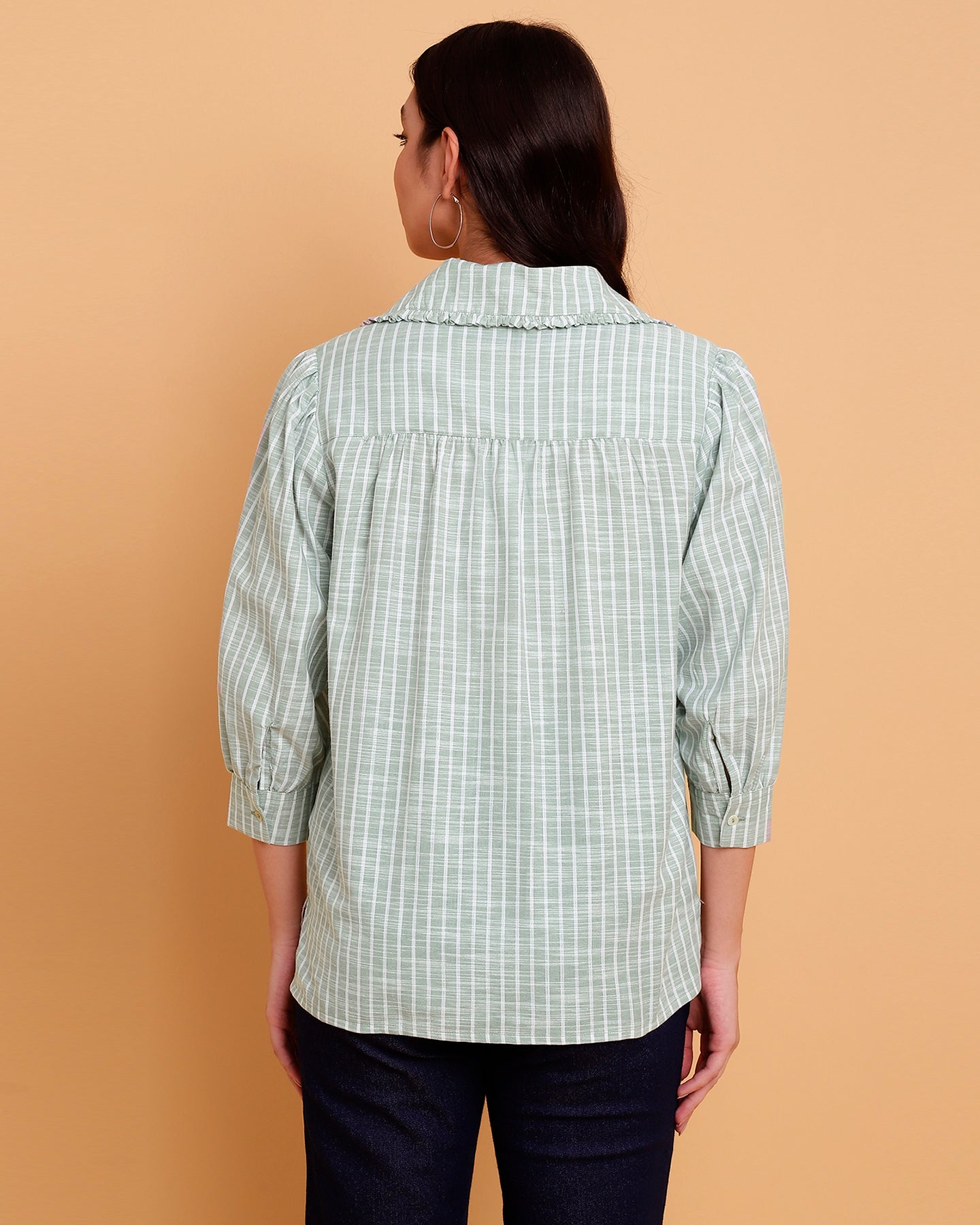 Women’s Relaxed Fit Green Stripe Shirt with Ruffle Collar- 2906