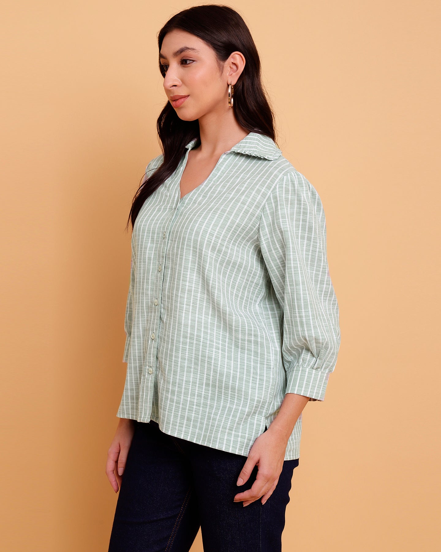 Women’s Relaxed Fit Green Stripe Shirt with Ruffle Collar- 2906