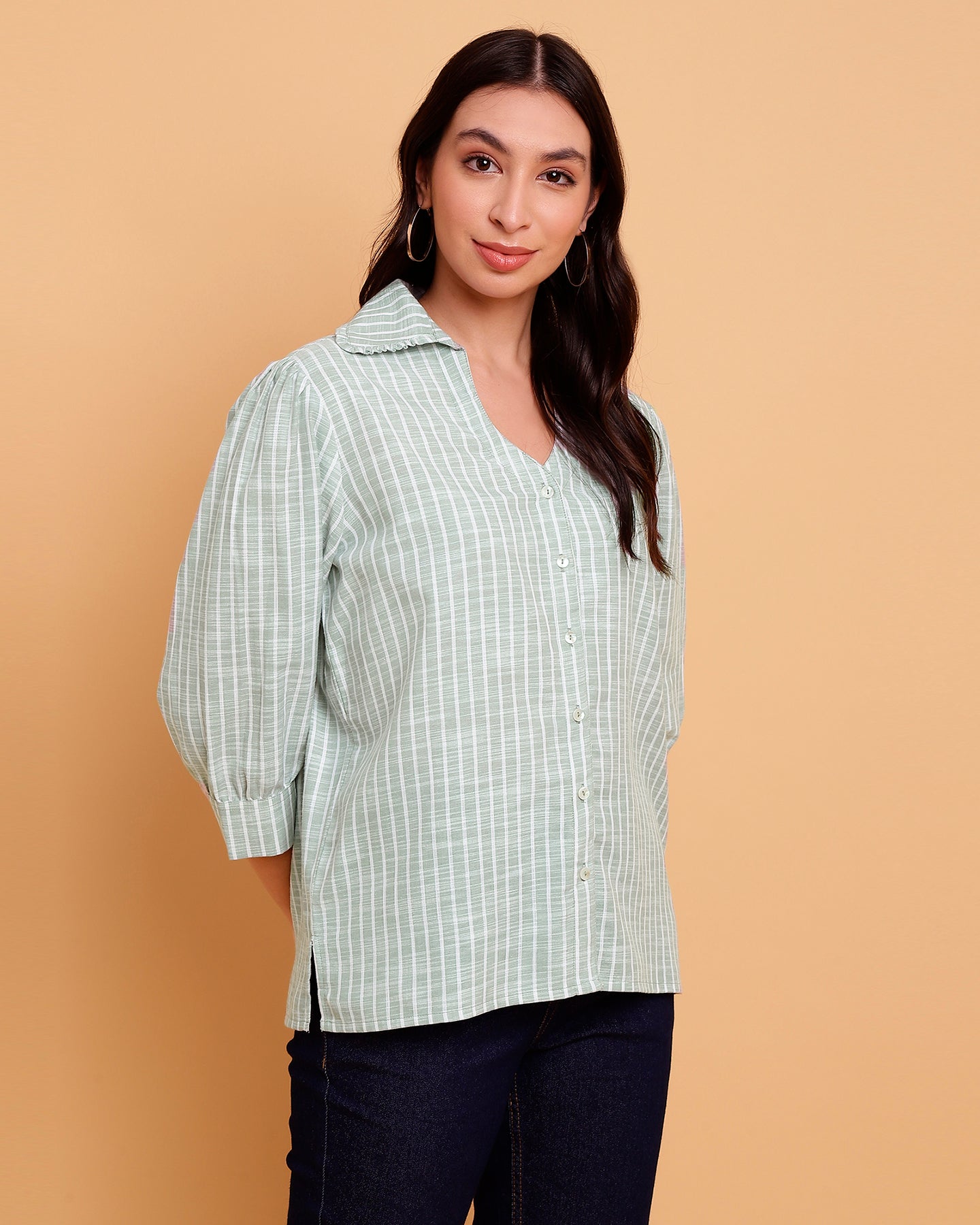 Women’s Relaxed Fit Green Stripe Shirt with Ruffle Collar- 2906