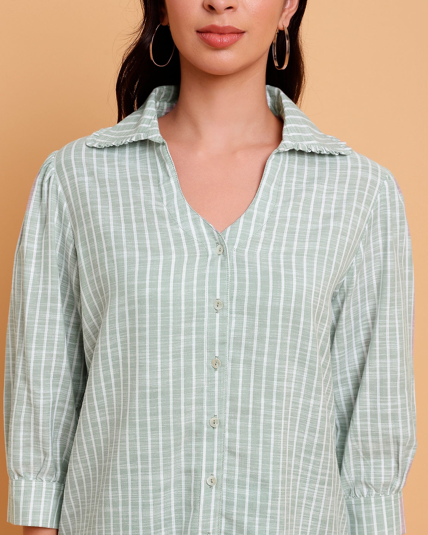 Women’s Relaxed Fit Green Stripe Shirt with Ruffle Collar- 2906