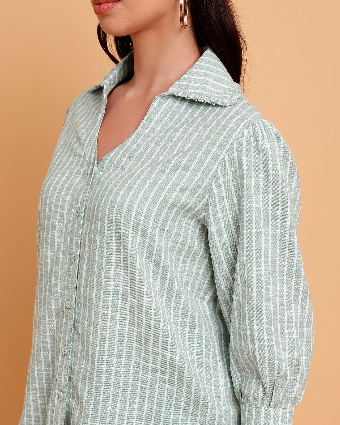 Women’s Relaxed Fit Green Stripe Shirt with Ruffle Collar- 2906