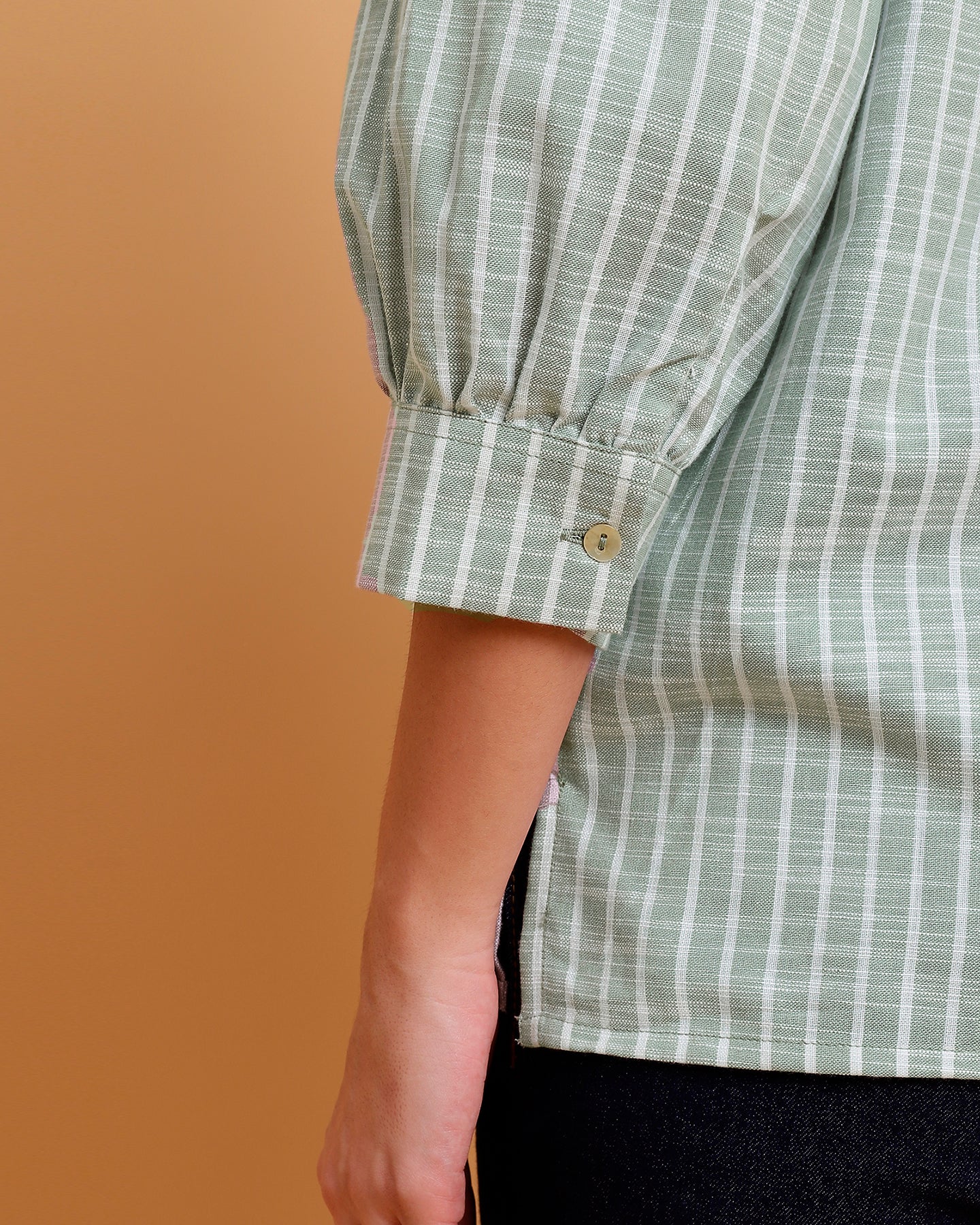 Women’s Relaxed Fit Green Stripe Shirt with Ruffle Collar- 2906