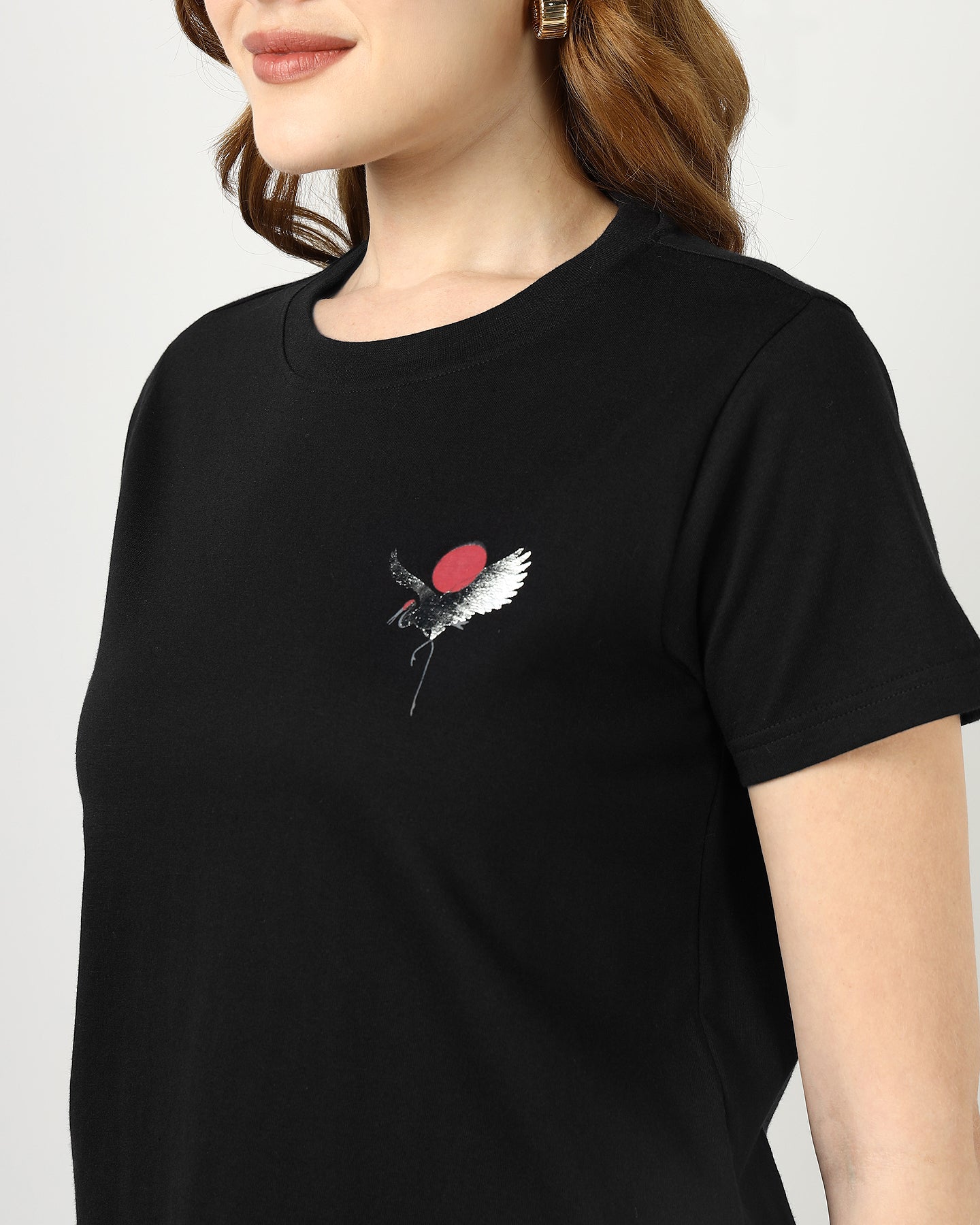 BLACK Regular T-shirt with Sliver Flamingo print - 2992