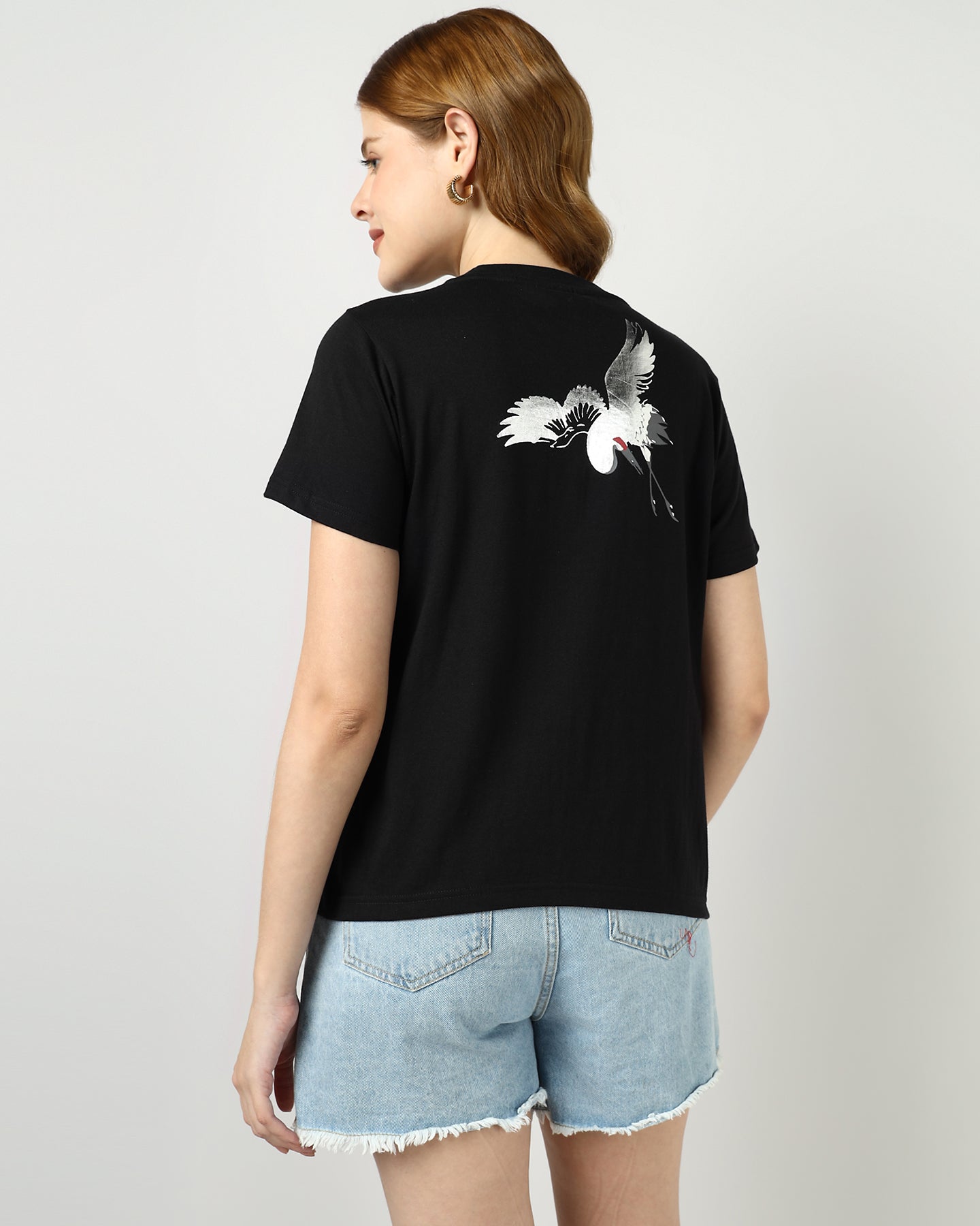 BLACK Regular T-shirt with Sliver Flamingo print - 2992