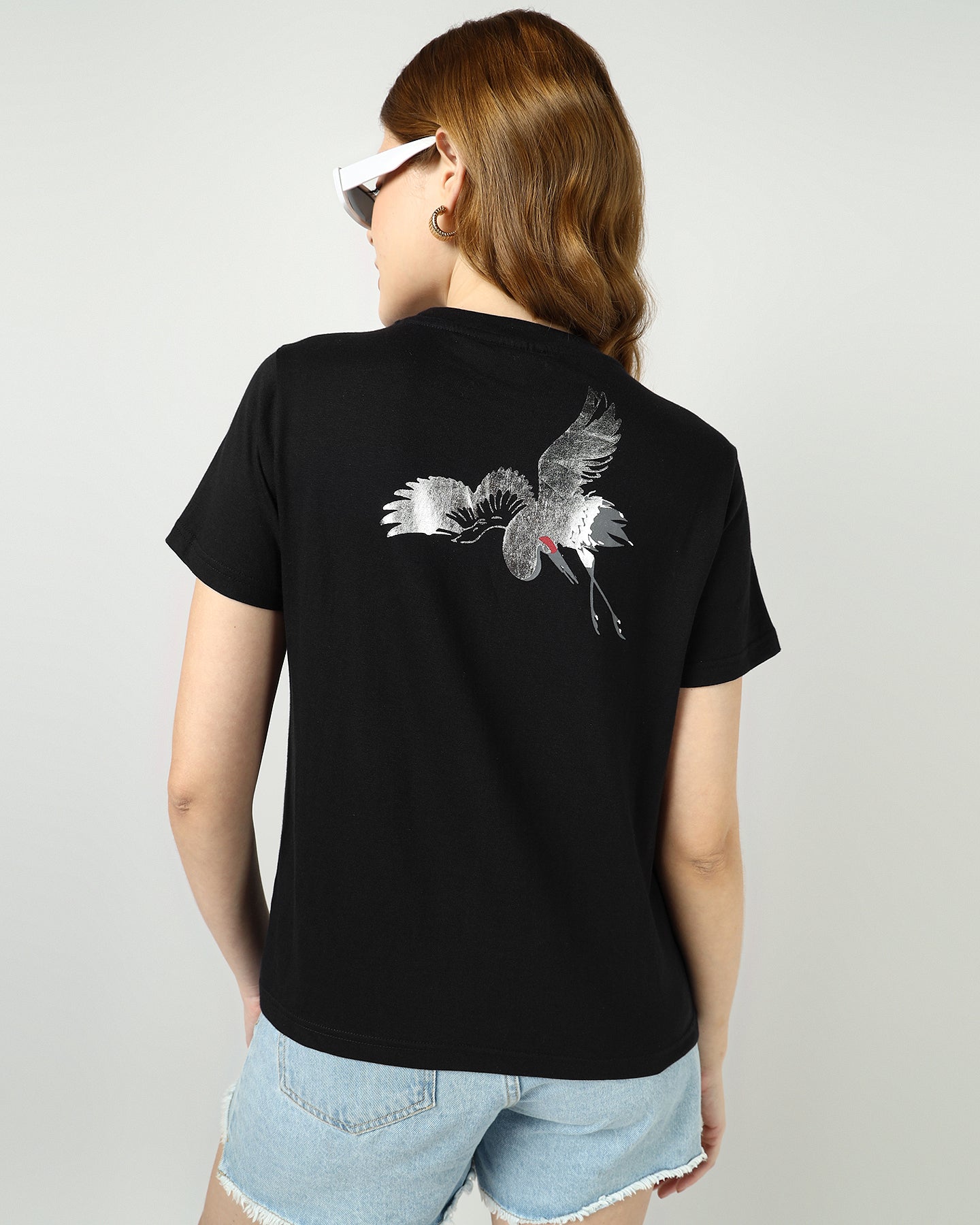 BLACK Regular T-shirt with Sliver Flamingo print - 2992