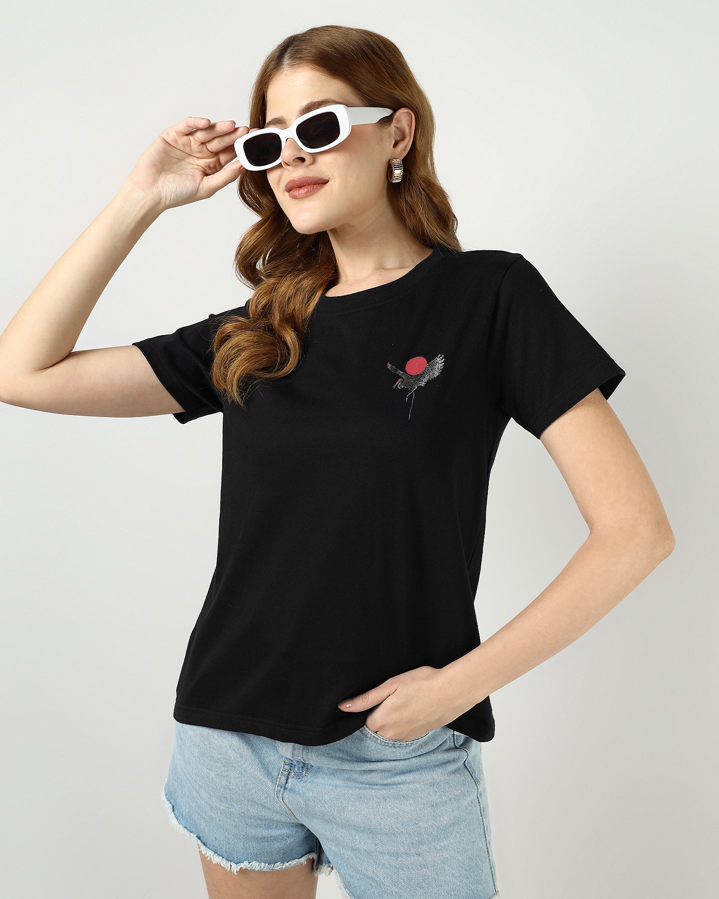 BLACK Regular T-shirt with Sliver Flamingo print - 2992