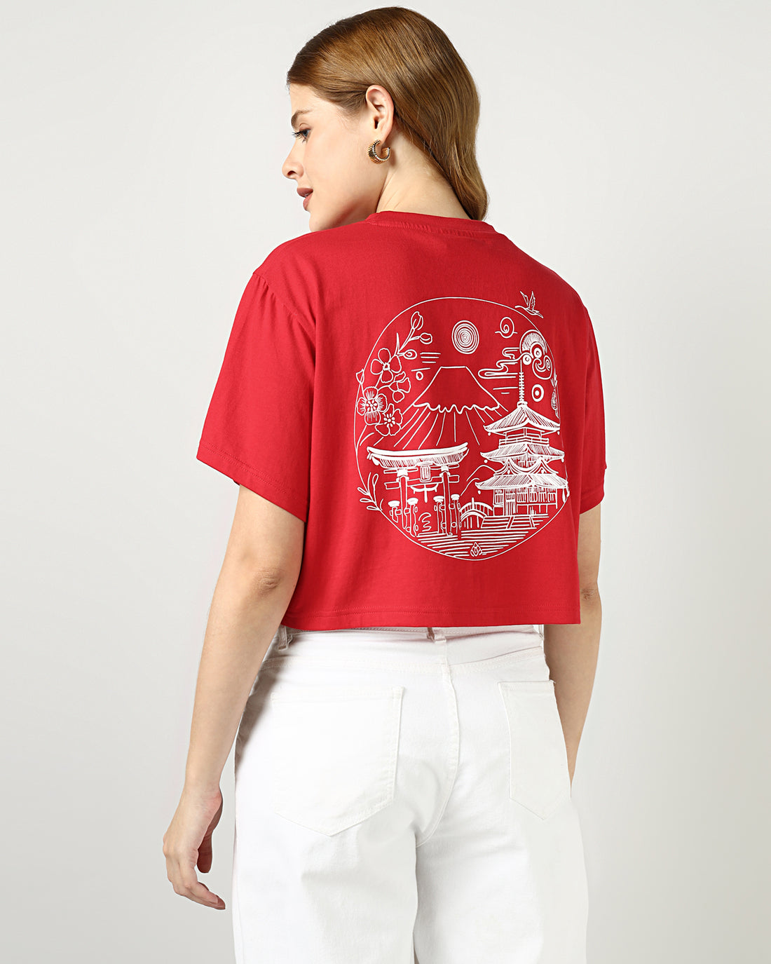 Women’s Red Crop Top with Japan City Back Print - 2994
