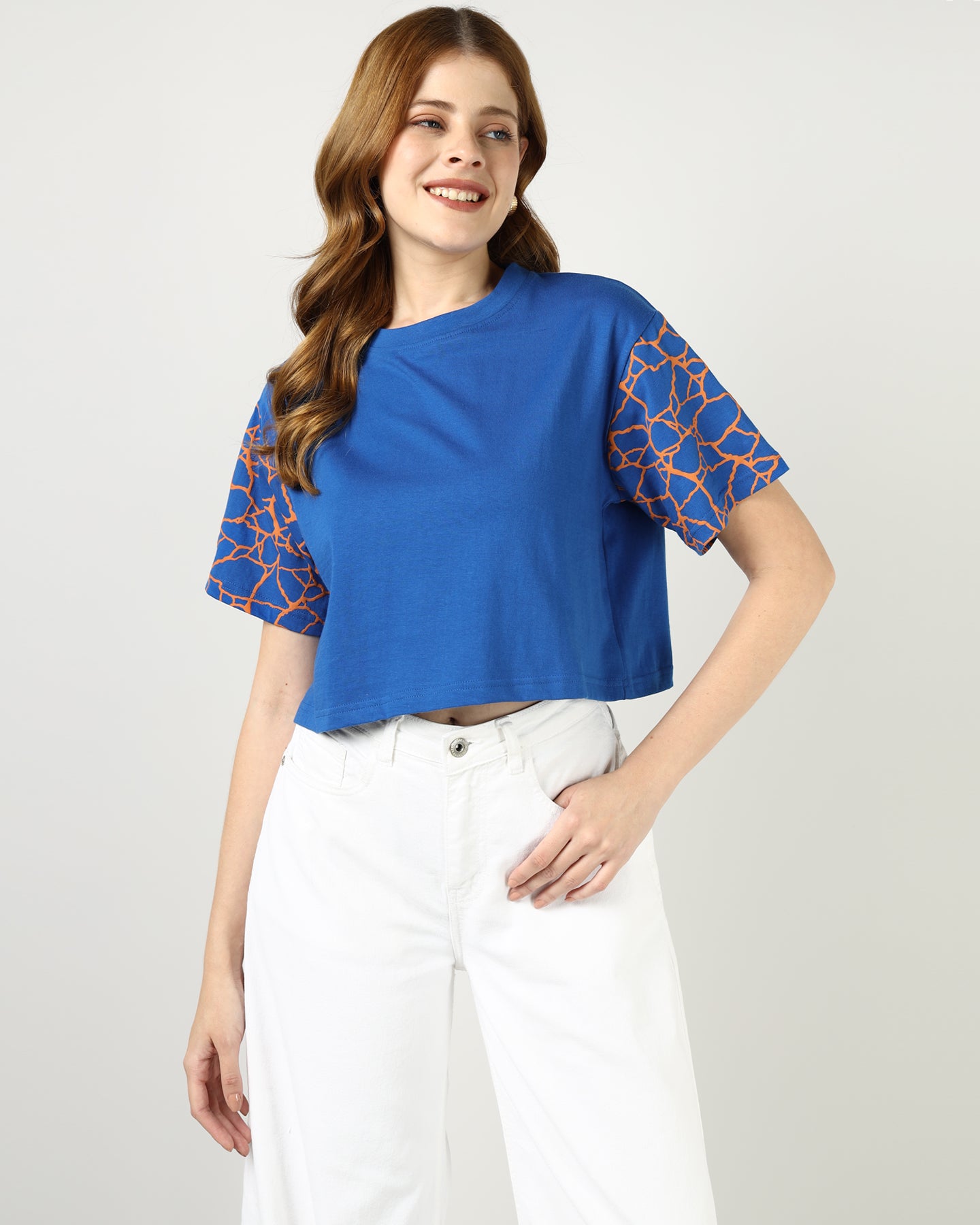 Women’s Blue Crop Top with Kintsugi-Inspired Sleeve Print - 2995