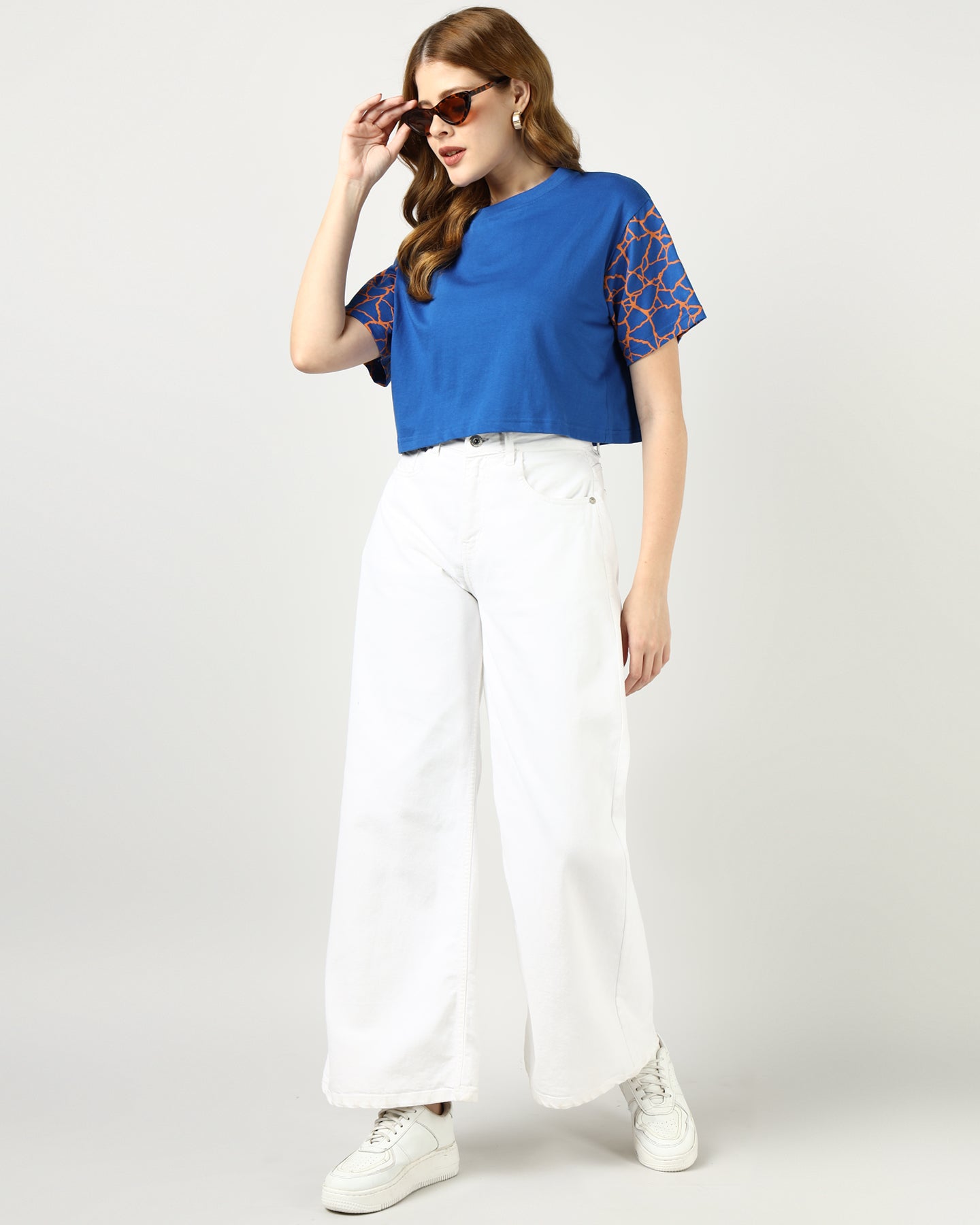 Women’s Blue Crop Top with Kintsugi-Inspired Sleeve Print - 2995