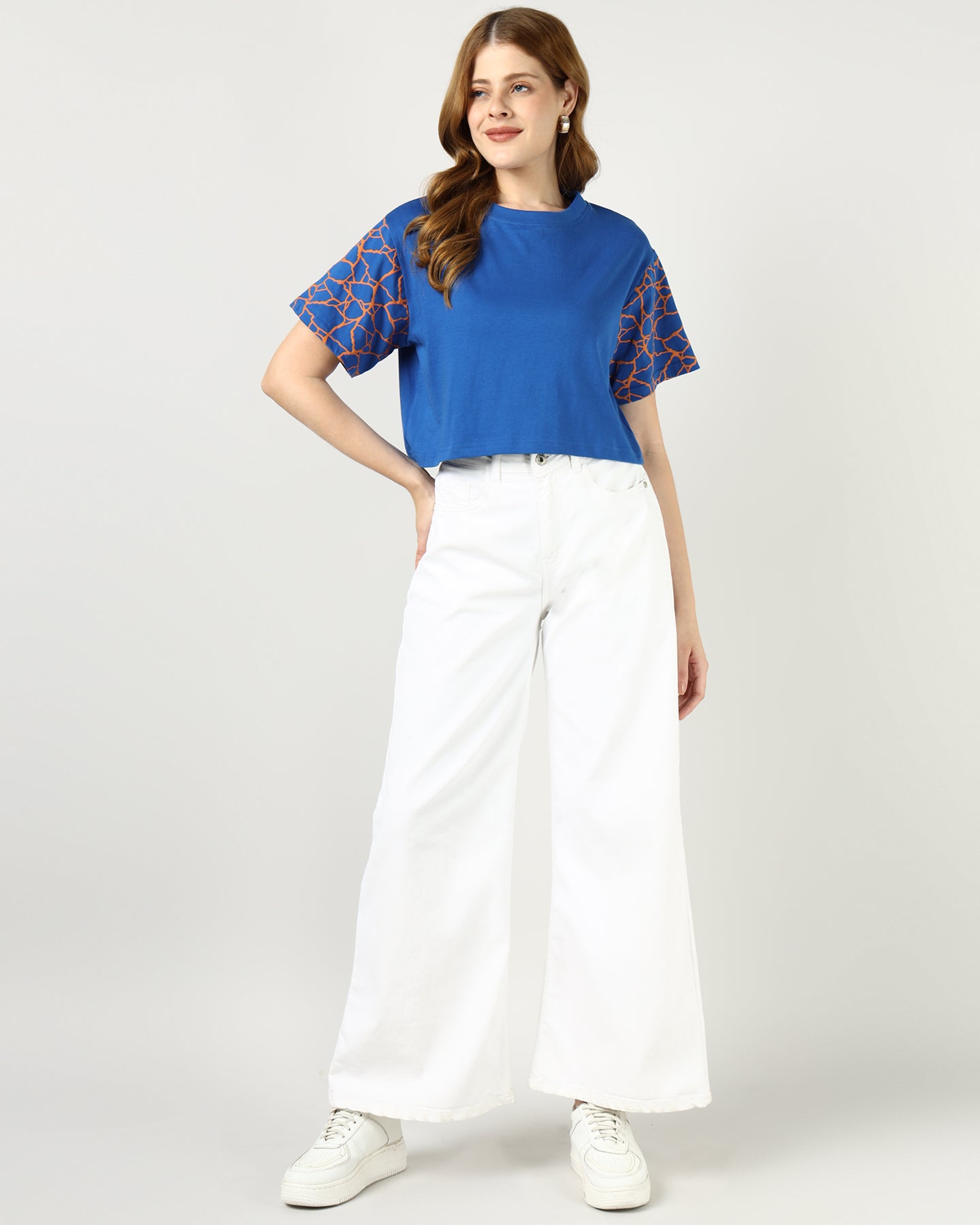 Women’s Blue Crop Top with Kintsugi-Inspired Sleeve Print - 2995