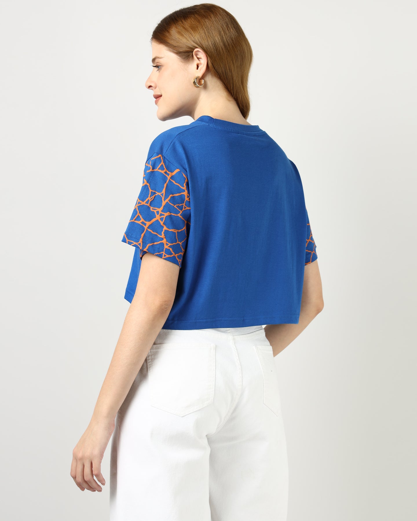 Women’s Blue Crop Top with Kintsugi-Inspired Sleeve Print - 2995