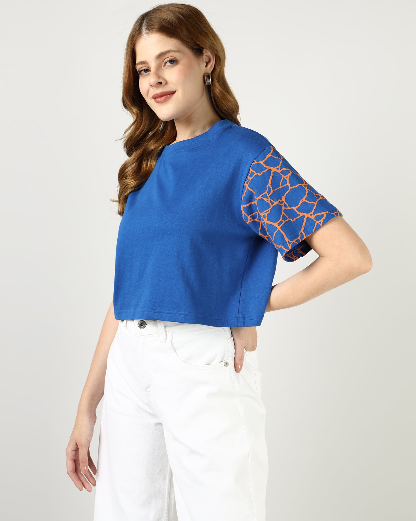 Women’s Blue Crop Top with Kintsugi-Inspired Sleeve Print - 2995