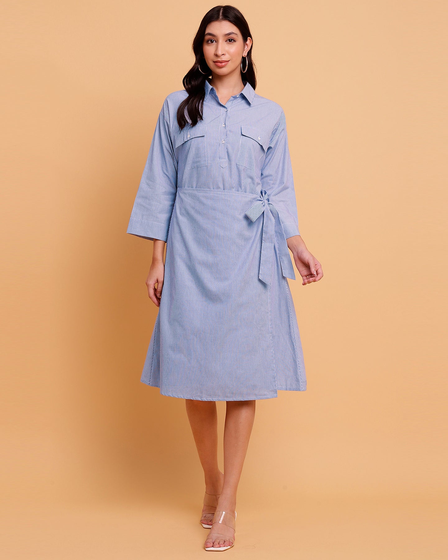 Women’s Blue Stripe Wrap Midi Dress with Two Front Pockets -2889