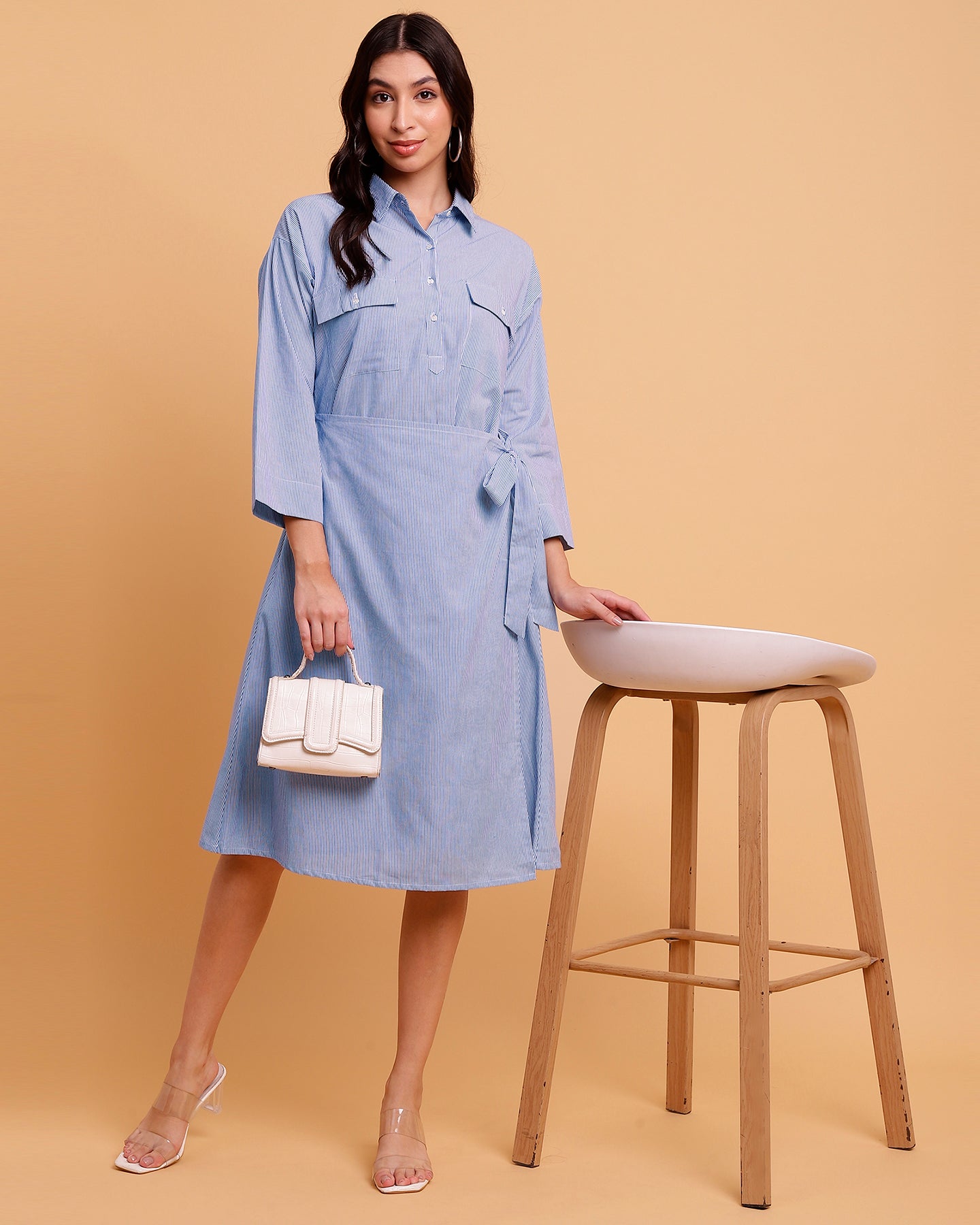 Women’s Blue Stripe Wrap Midi Dress with Two Front Pockets -2889