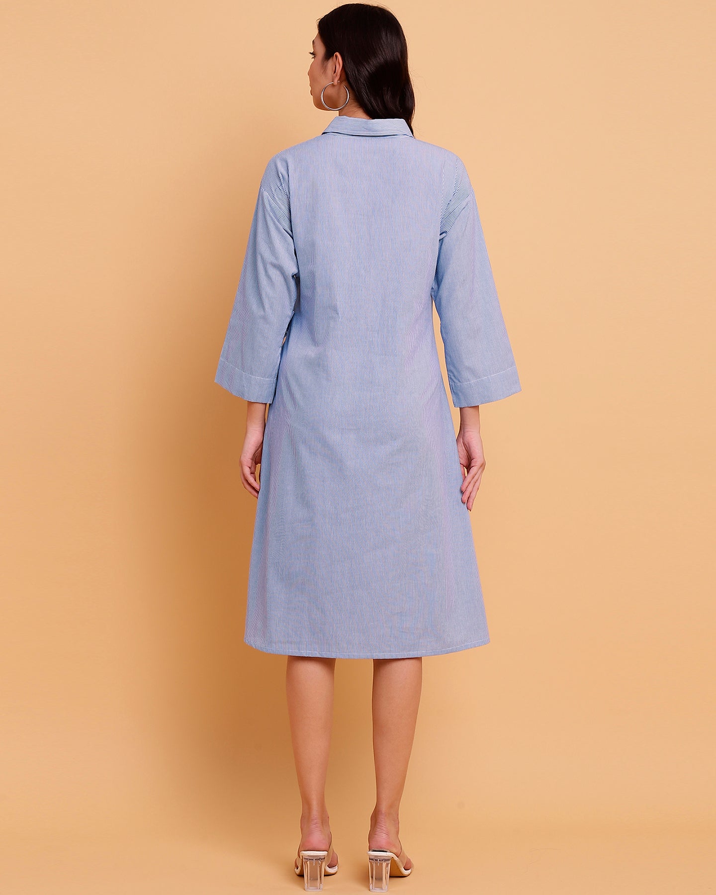 Women’s Blue Stripe Wrap Midi Dress with Two Front Pockets -2889