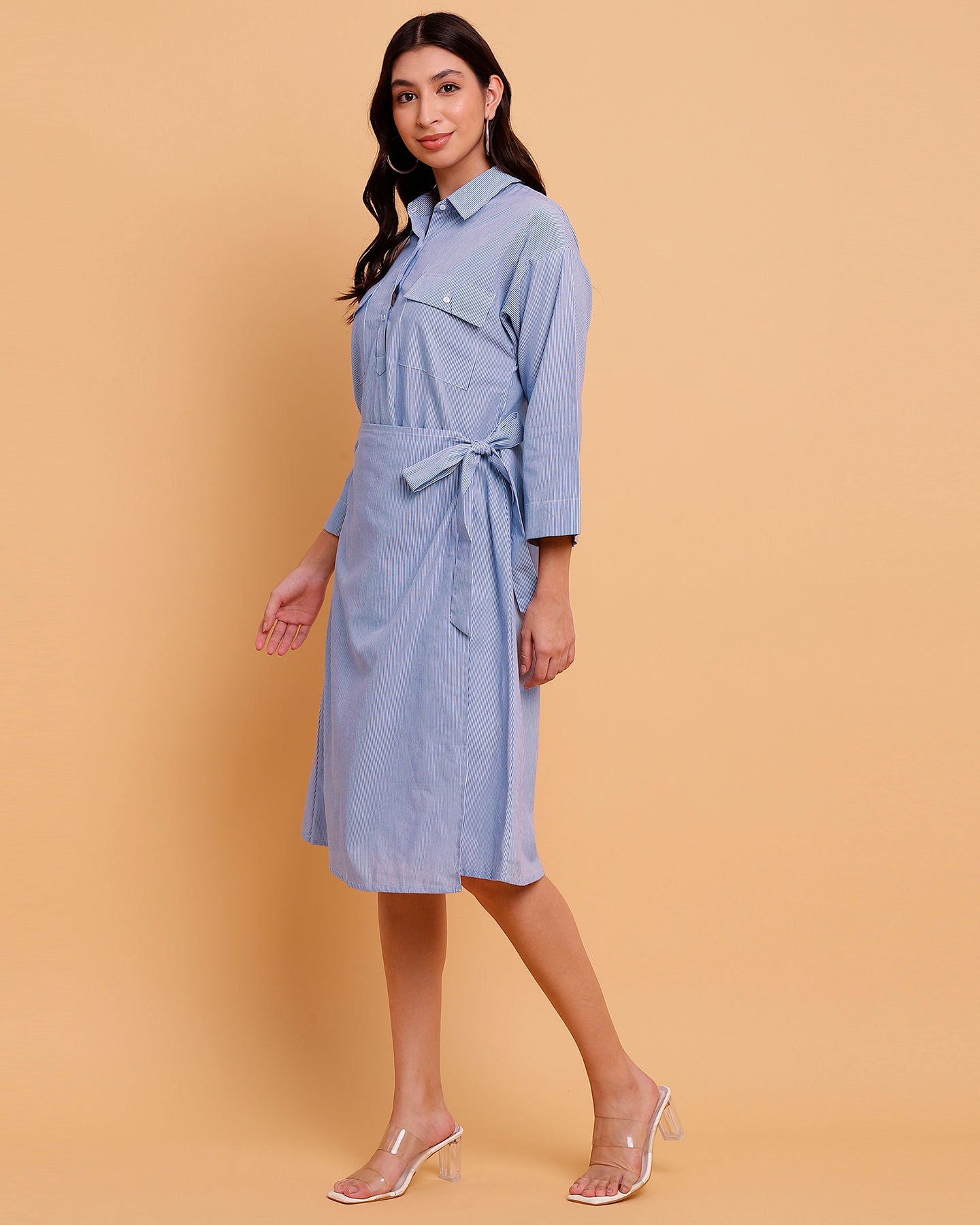 Women’s Blue Stripe Wrap Midi Dress with Two Front Pockets -2889