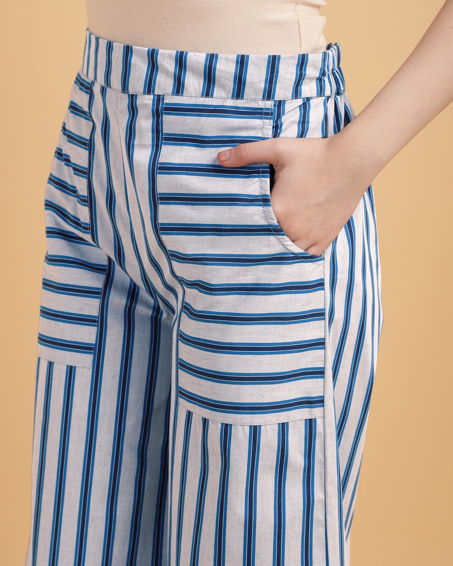 Women’s Striped Wide-Leg Trousers with Pockets – Casual Pants- 2911