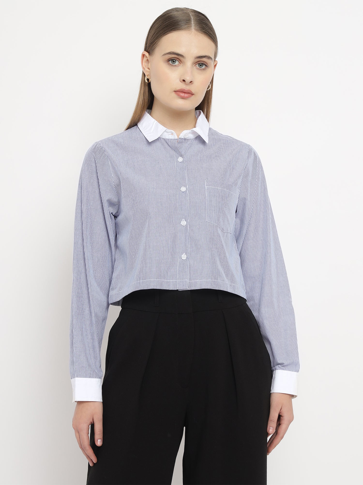 Women’s Blue Striped Crop Banker Shirt- 2907