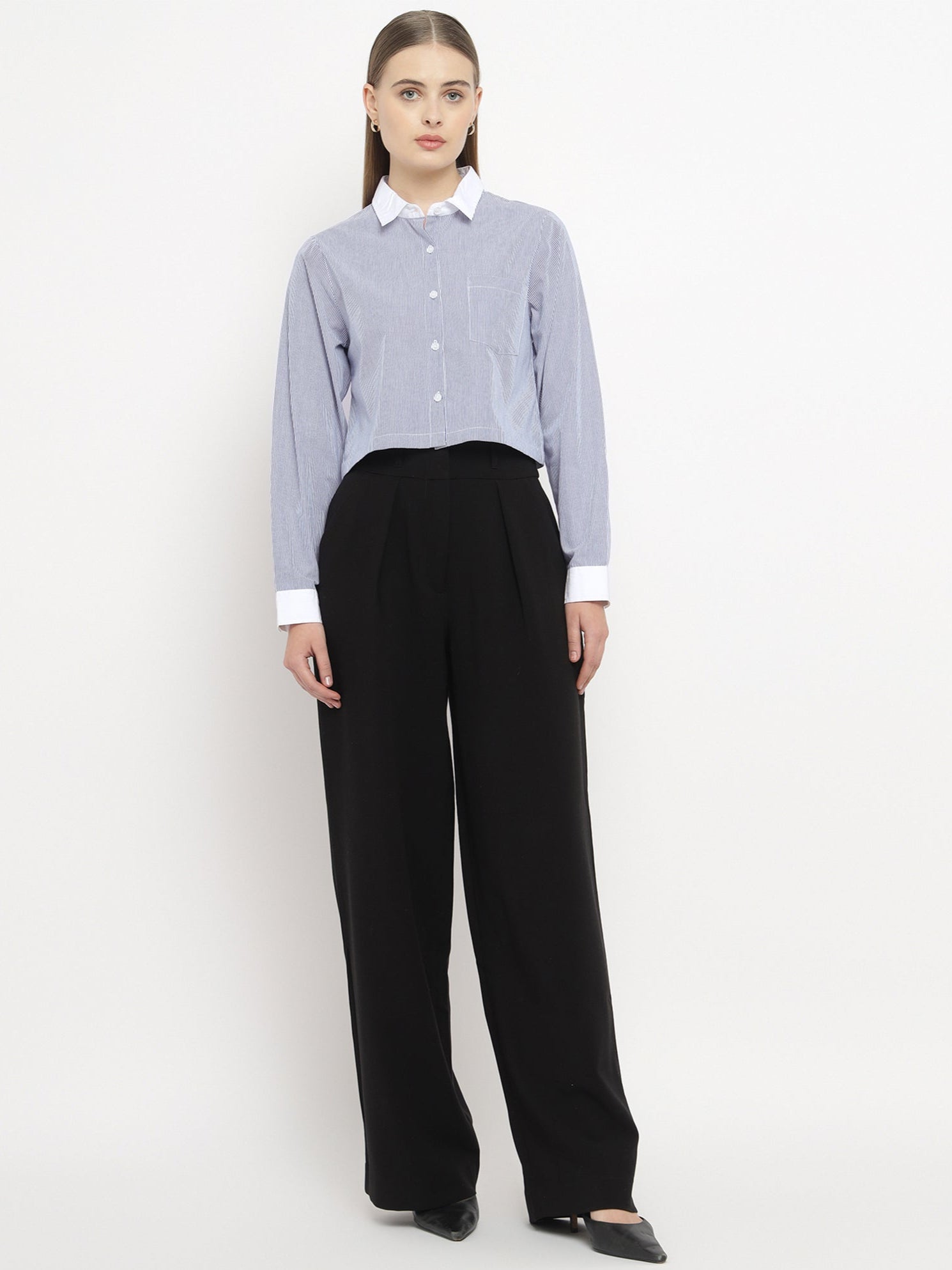 Women’s Blue Striped Crop Banker Shirt- 2907