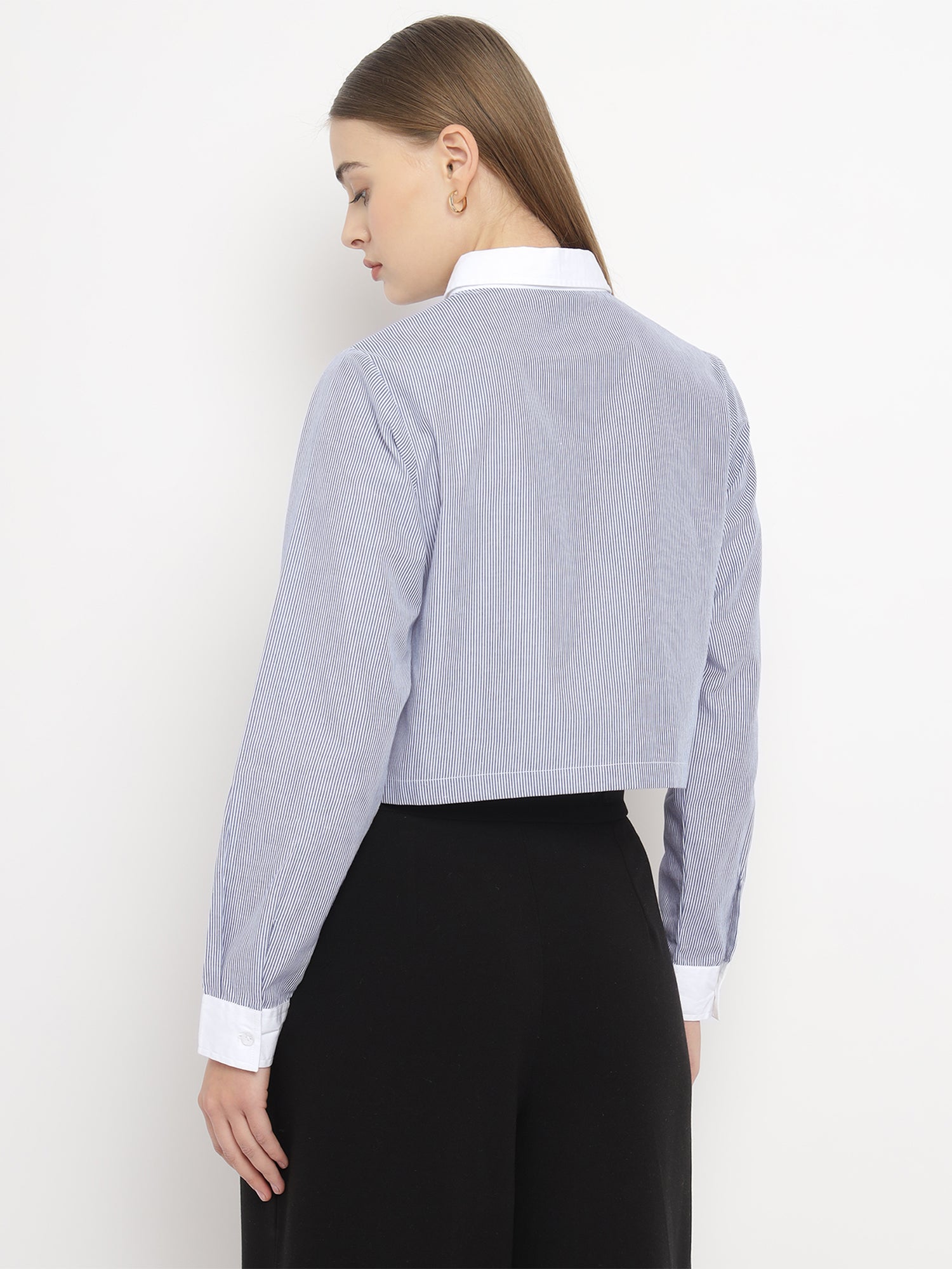 Women’s Blue Striped Crop Banker Shirt- 2907