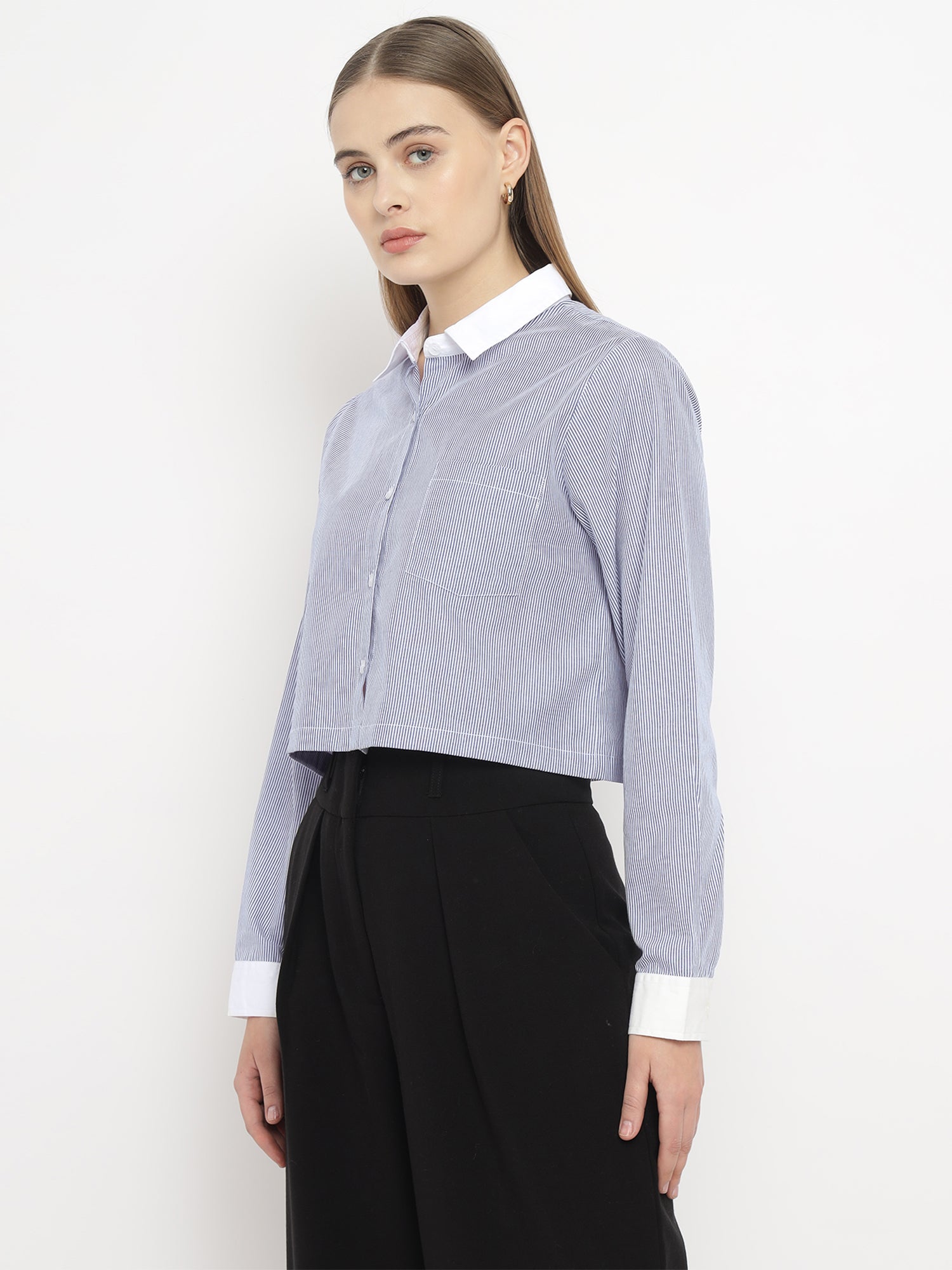 Women’s Blue Striped Crop Banker Shirt- 2907