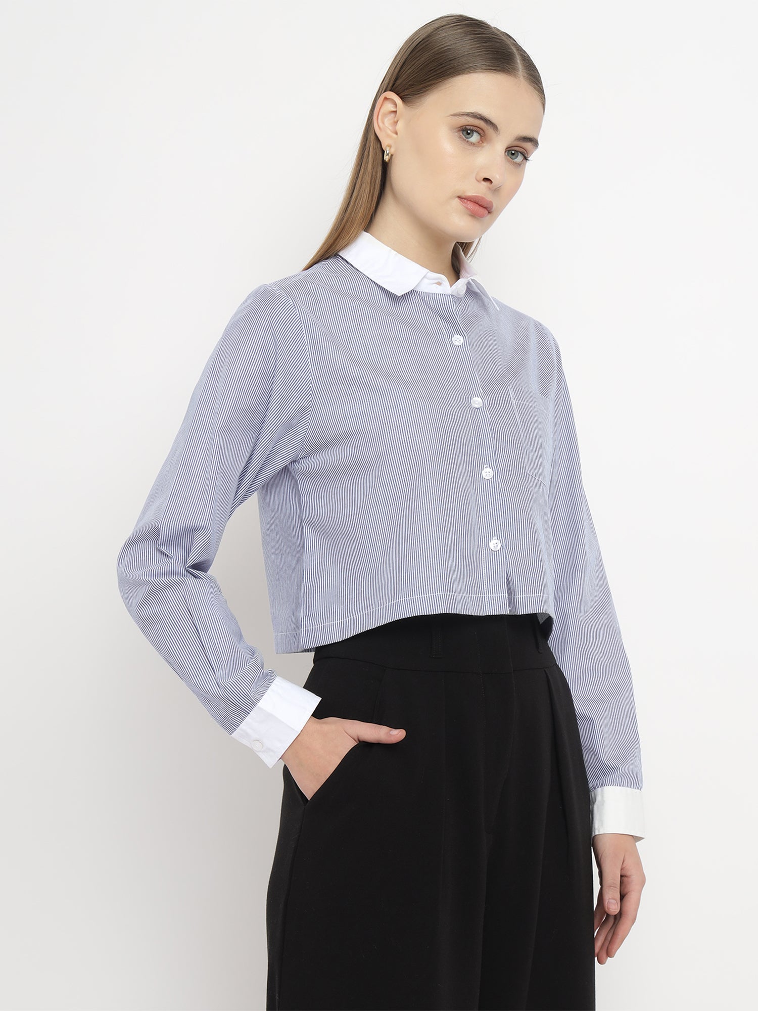 Women’s Blue Striped Crop Banker Shirt- 2907