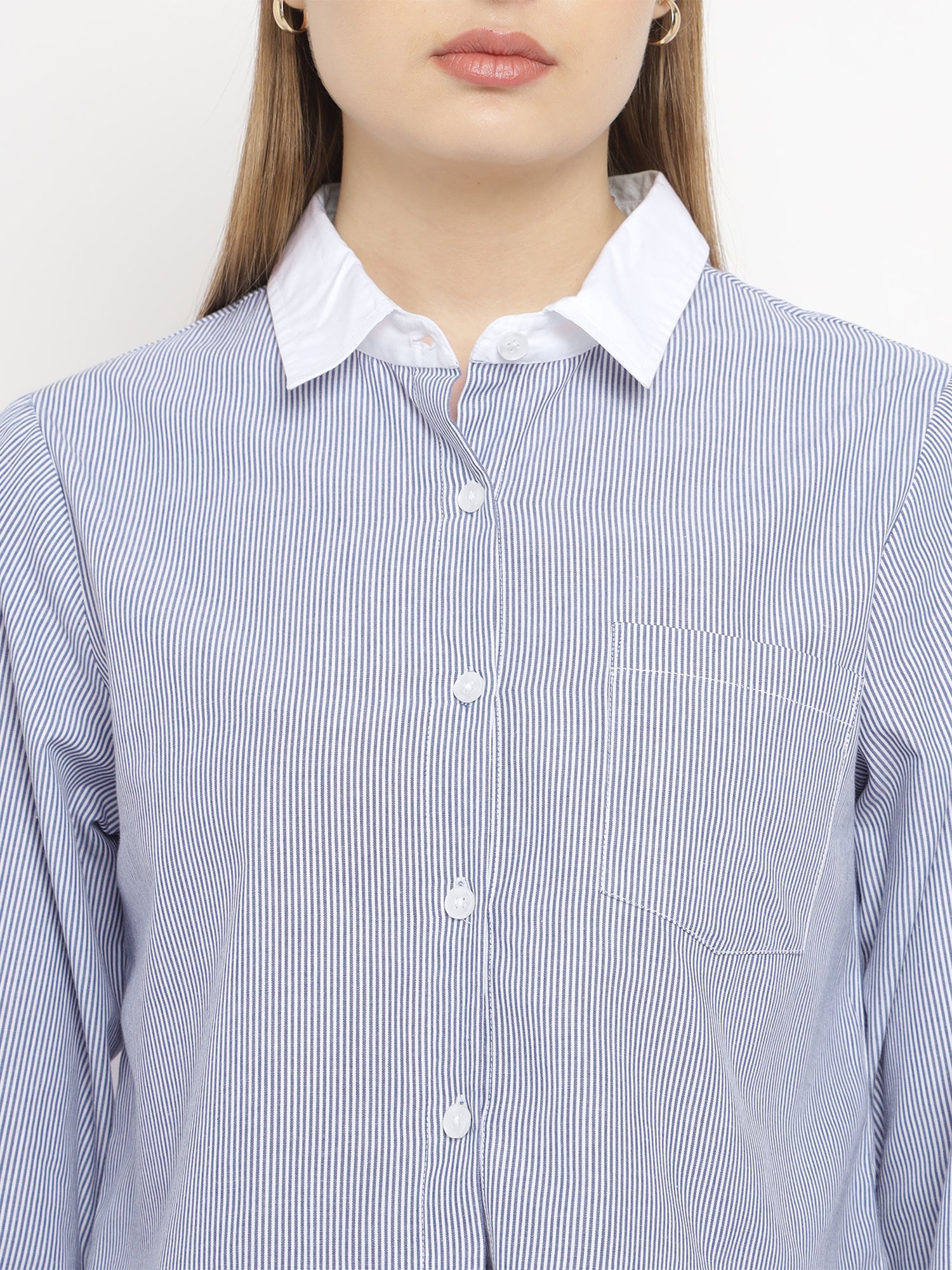 Women’s Blue Striped Crop Banker Shirt- 2907